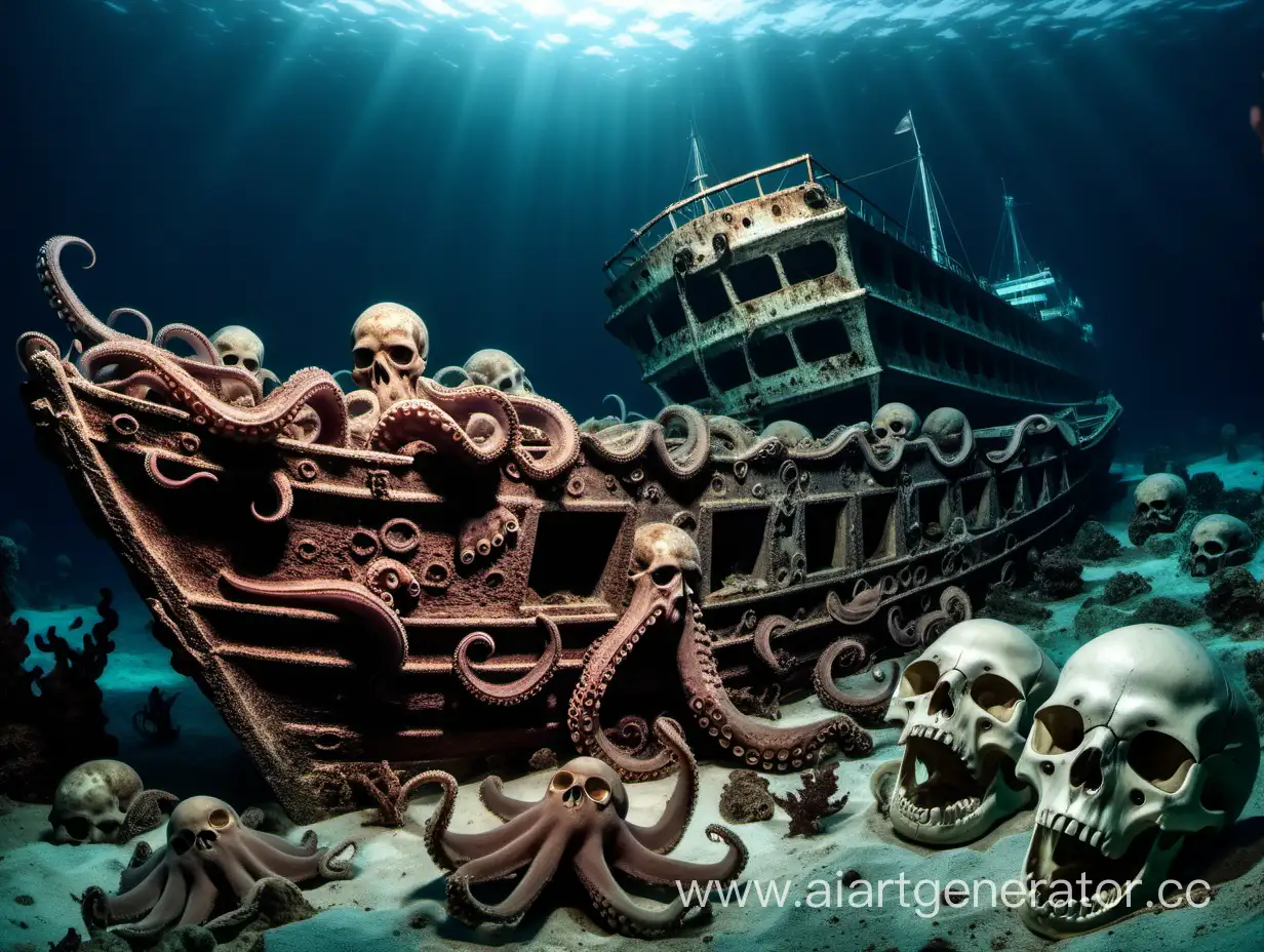 Mystical-Seabed-Exploration-with-Sunken-Ship-Octopuses-and-Skull