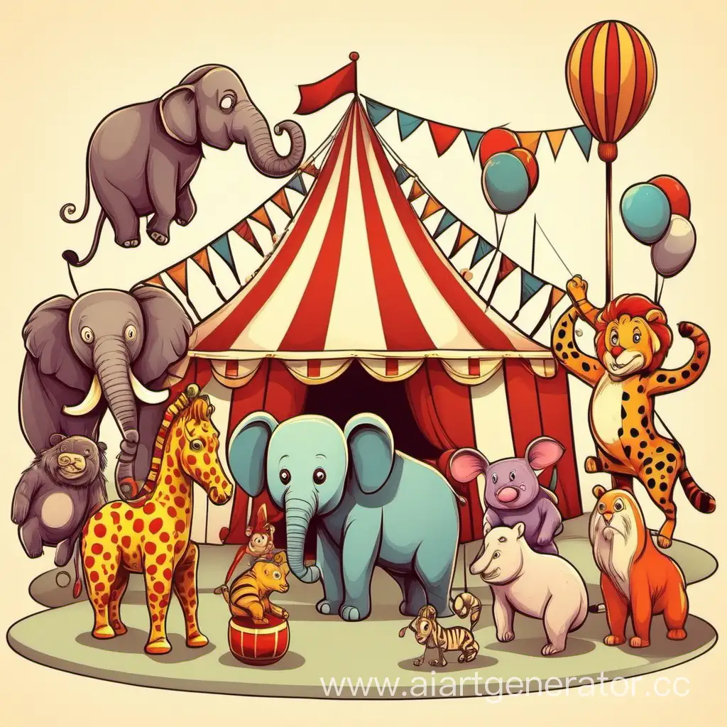 Whimsical-Cartoon-Circus-Scene-with-Diverse-Animal-Performers