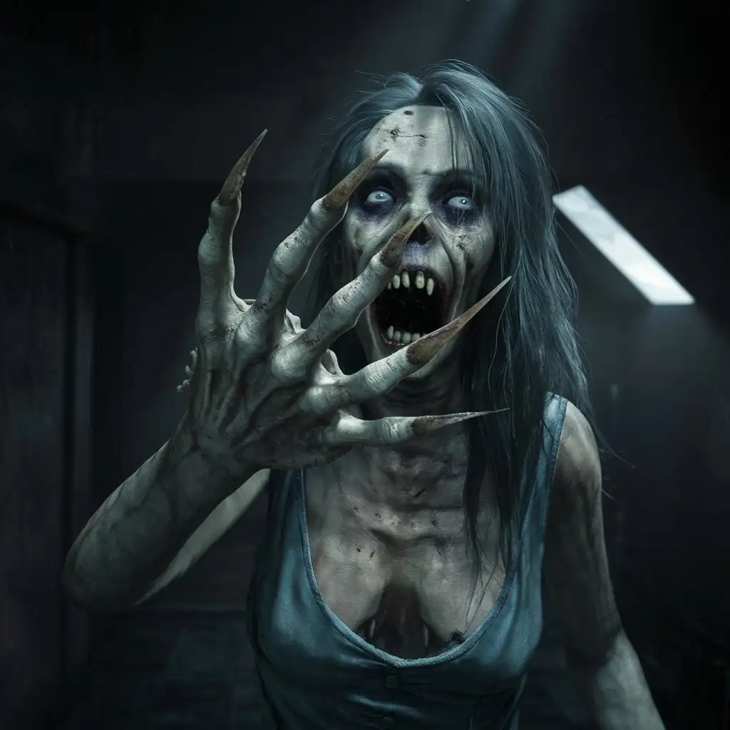 A photorealistic scene of a wild ugly dead zombie woman with long pointed dirty fingernails, on each hands with five fingers, her mouth is threateningly open, and terrible teeth look like fangs, the zombie woman looks like she climbed out of the grave, her nails resemble the claws of a predator.scene inside darkness room