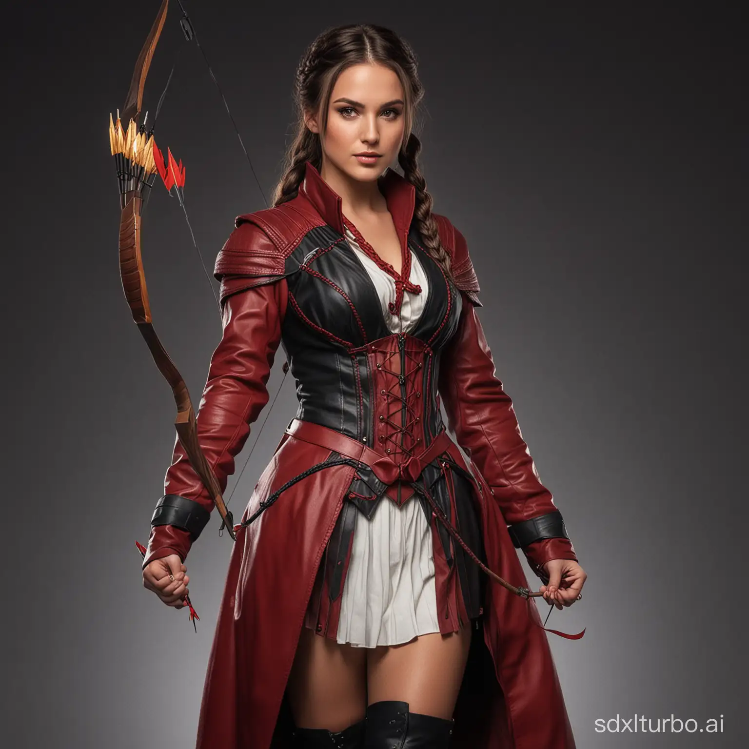 a full-length photo of a beautiful white woman with braided dark brown hair and big redish brown eyes and a round face wearing a long red and black leather coat holding a bow and arrow in a red hologramic world around her