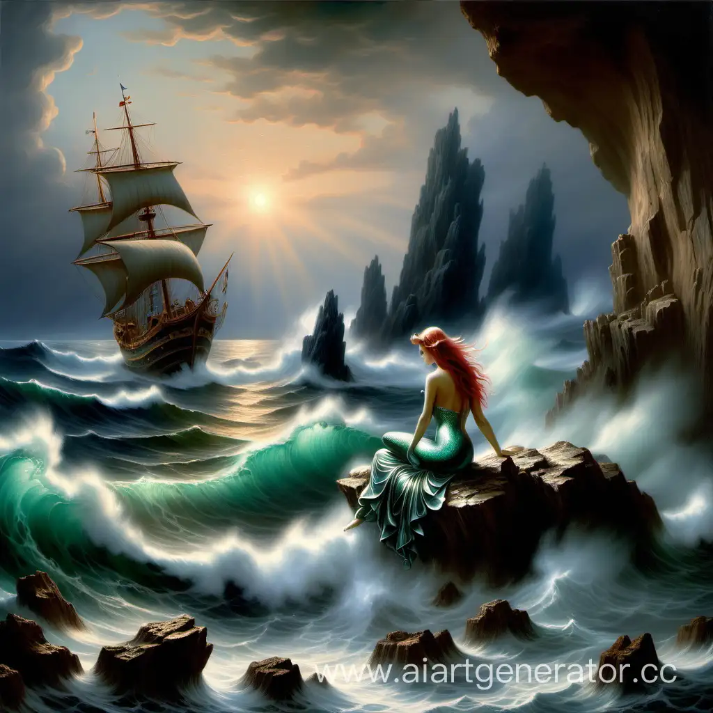 it is a painting of an unknown artist. it may seem gaudy but the seascape looks so true to life. in the foreground there is an allure mermaid sitting on the rock who has just sunk a ship full of beauty. an enigmatic atmosphere makes the picture look scary.
