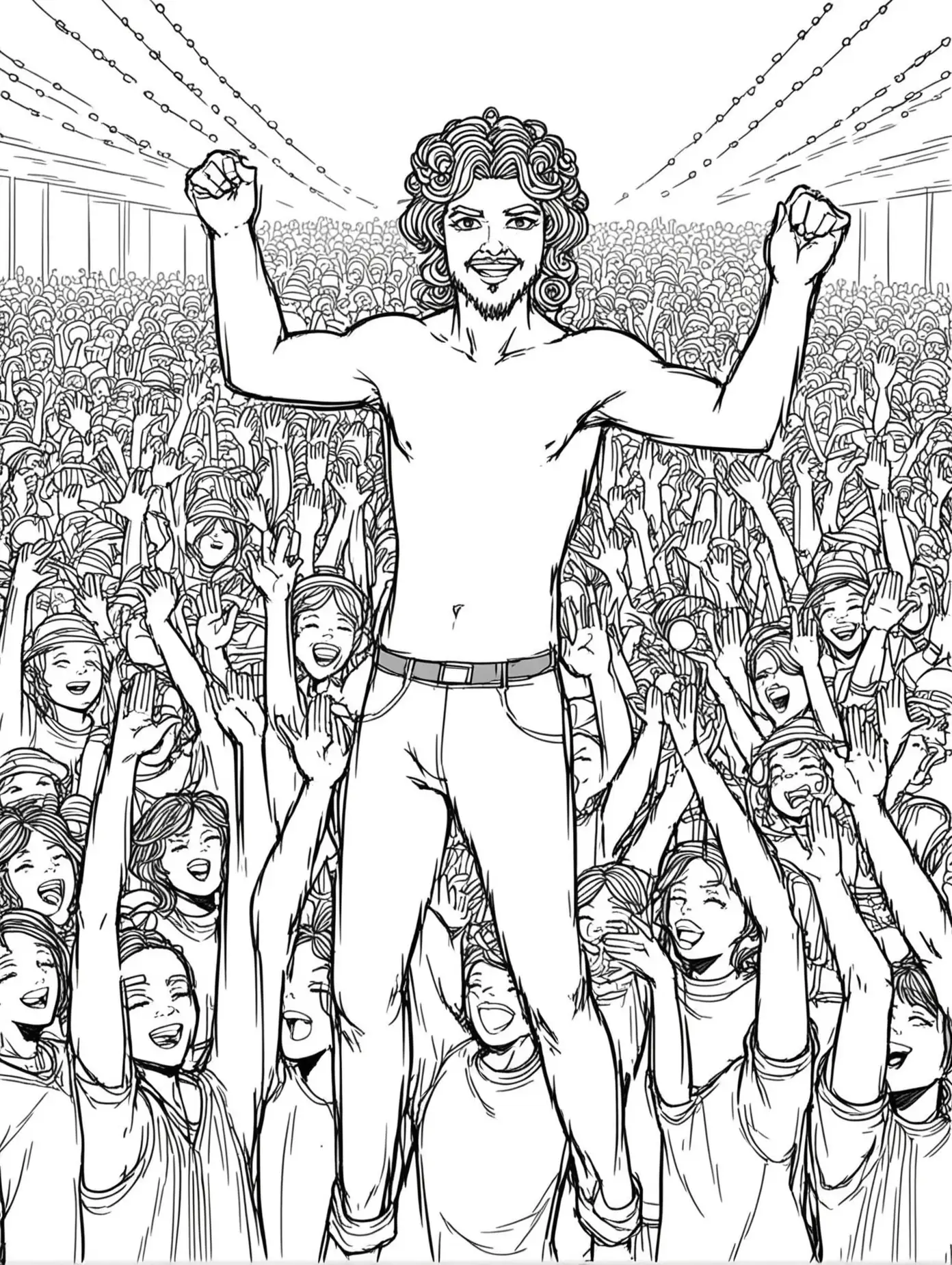 Create a simple, minimalistic coloring page featuring Dionysus clubbing at the techno party dancing in a crowd
. Aim for simplicity and clean lines, making this coloring page an appealing and easy to color design for children aged 4