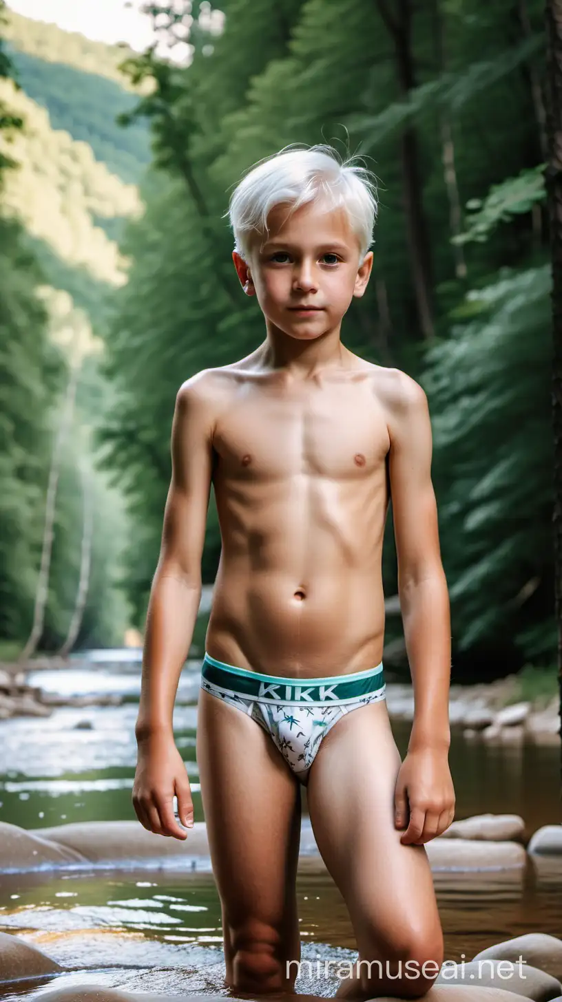 Niño ruso de 8 años con el cabello blanco solo usando briefs en un río enmedio de un bosque