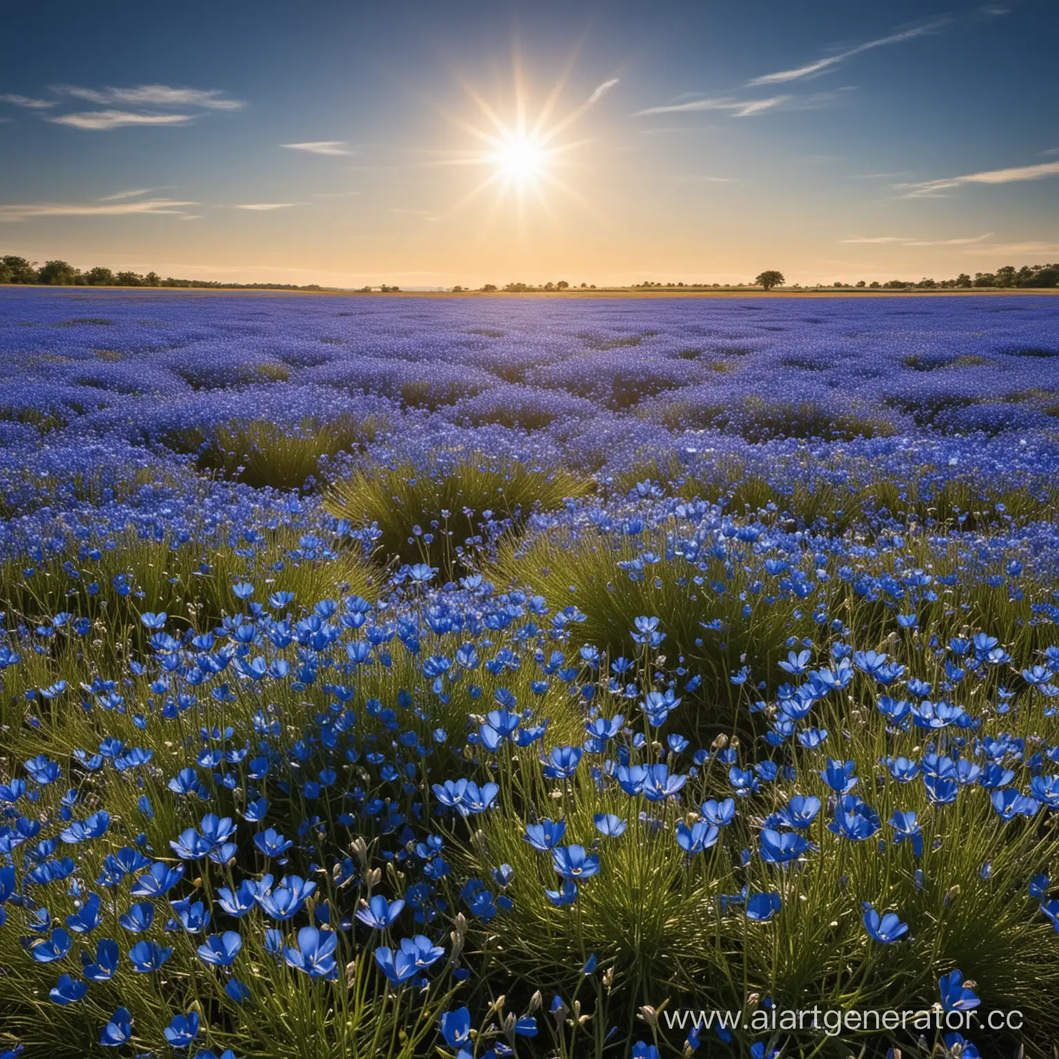 dark blue beautiful magical blue flax flowers field of flowers bright sun and blue sky
