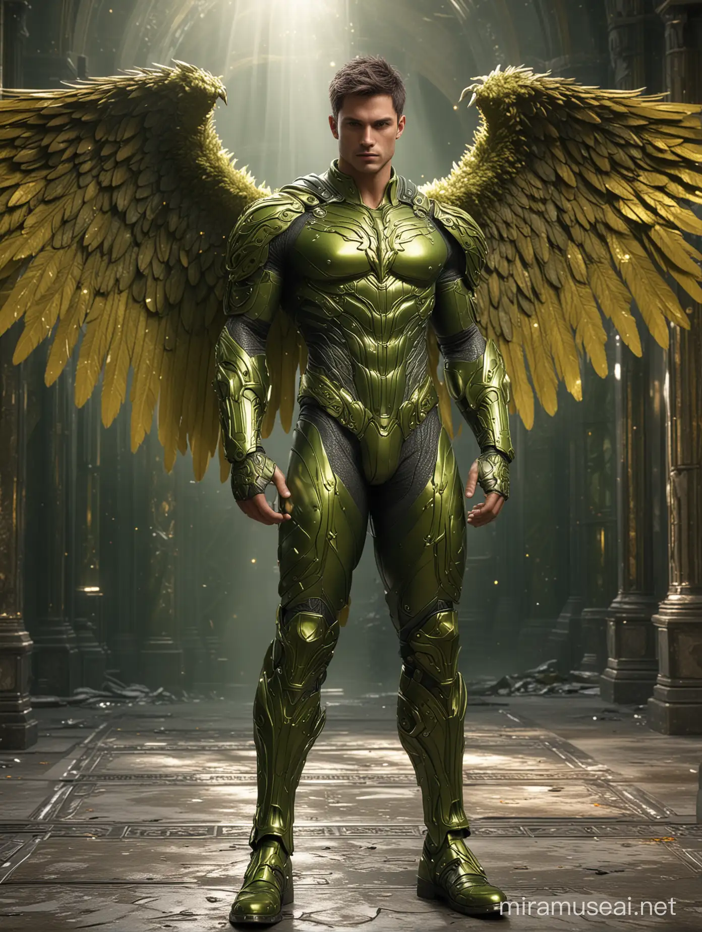  Full body photorealistic handsome hunky masculine fractal archangel .unreal engine, extremely attractive male wearing chartreuse green bodysuit, big wide massive sparkling wings extremely masculine physique, intricately detailed metal body armour, bulge, realistic skin, short tousled hair, fantasy background