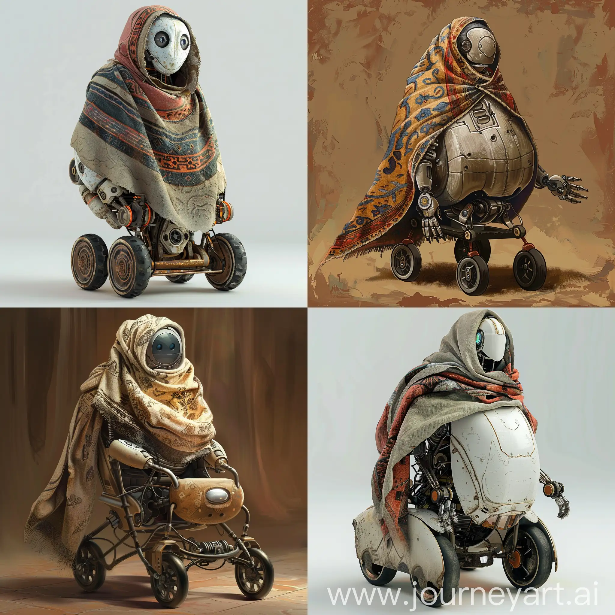 Create a picture of a kind robot grandmother in the Old Russian style, in a scarf on wheels