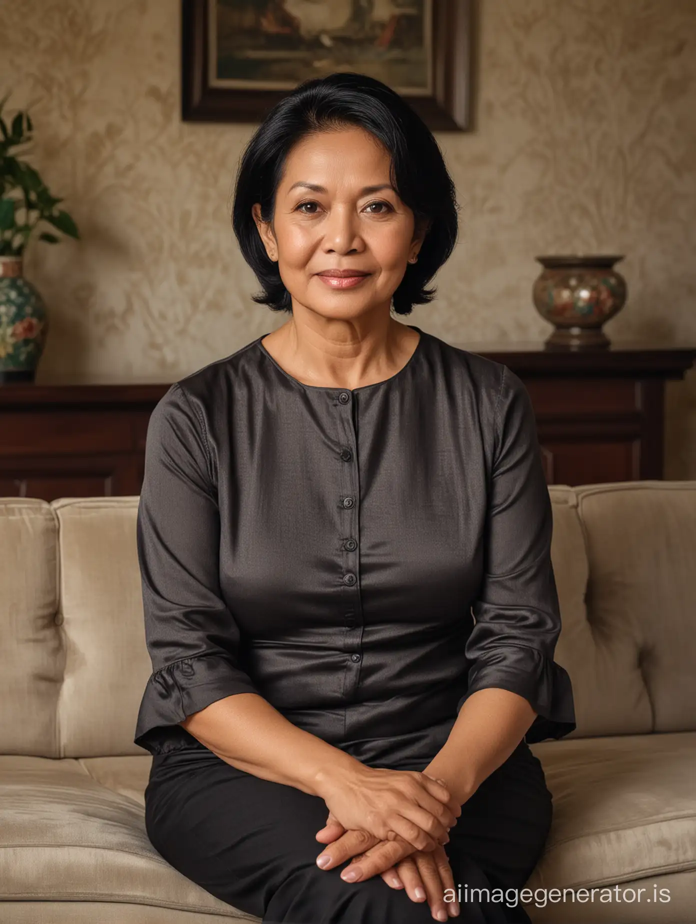 a 60 year old Indonesian mother with black hair sits on a sofa with a classic interior background