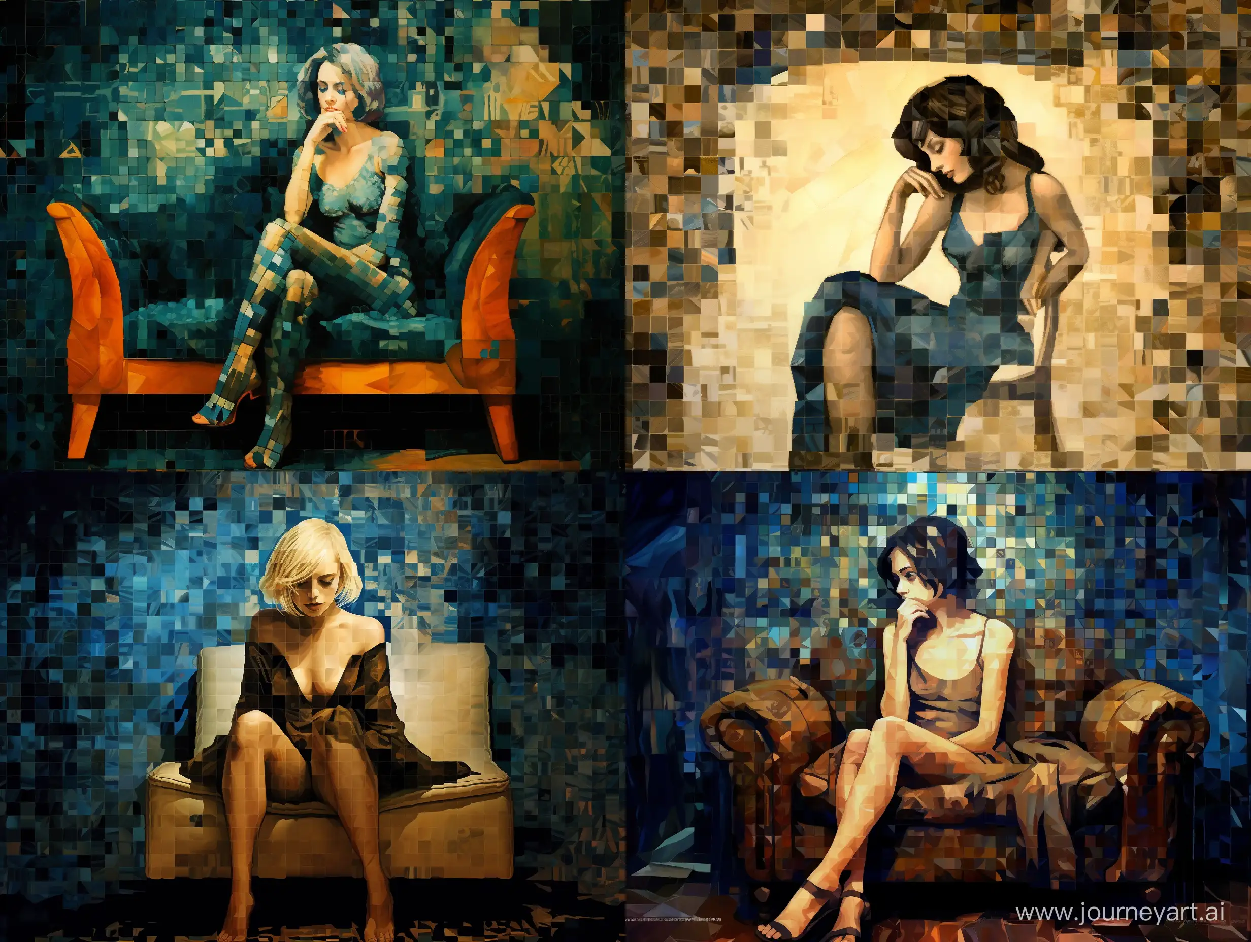 The girl is sitting on a leather armchair against a background of a mosaic of beige and blue shades.  The chair is located on the right side of the image. The left side of the image is in total darkness. The emphasis on the image is on the mosaic. The mosaic wall takes up more than half of the image