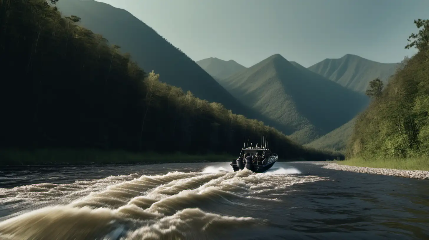 winding river with forest along the banks and mountains in the background, low view angle from a distance,  and a Special Operations boat cruising away from the camera with no wake