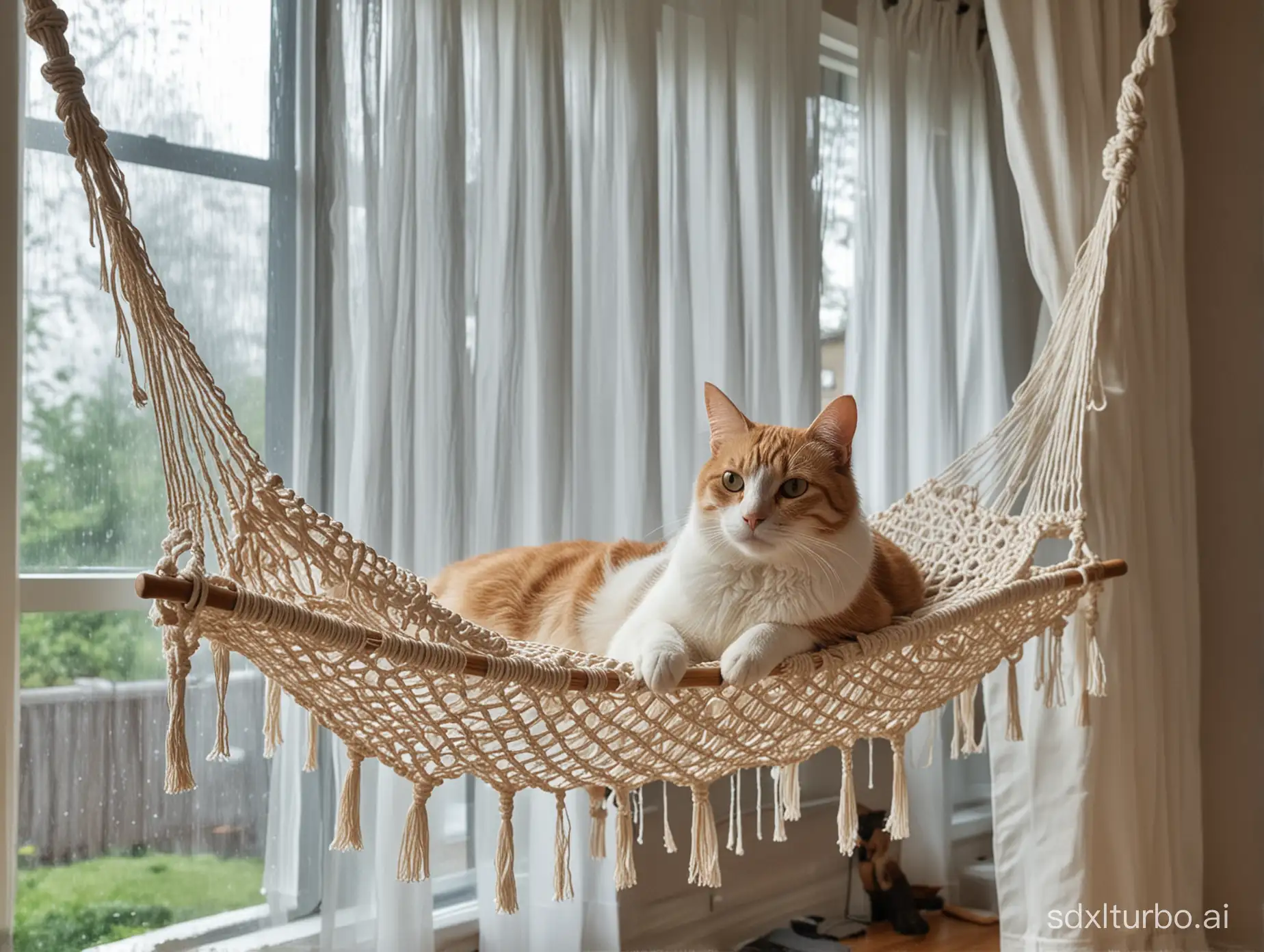 macrame cat hammock the curtains are blowing , raining outside