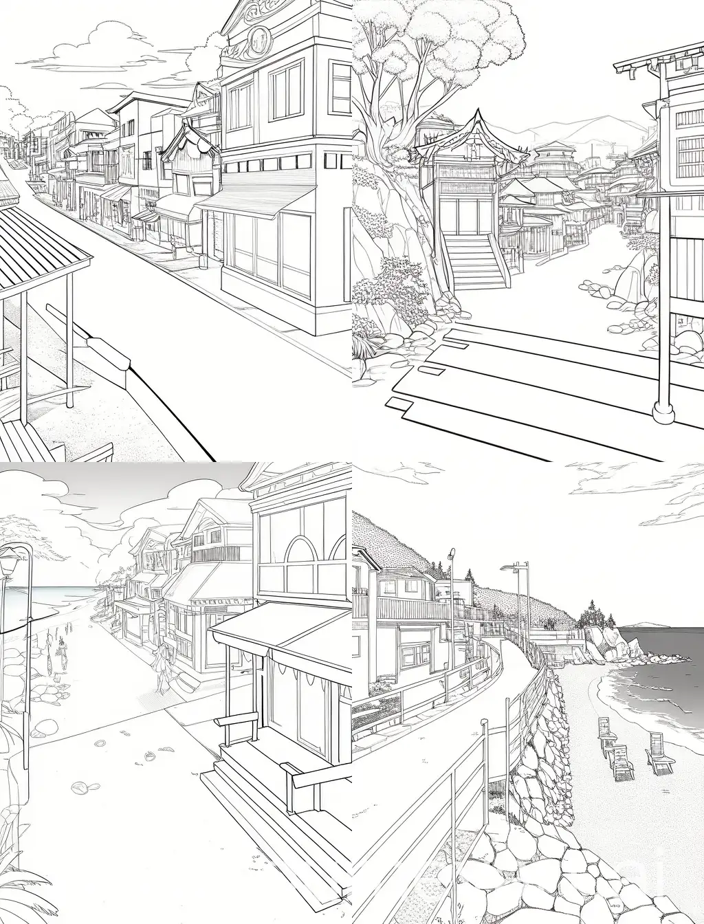 Summer-Beach-Town-Coloring-Page-Niji-4-Series-Artistic-Black-and-White-Illustration