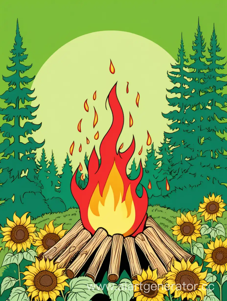 a burning bonfire on the background of sunflowers and a green sunny forest in the style of pop art
