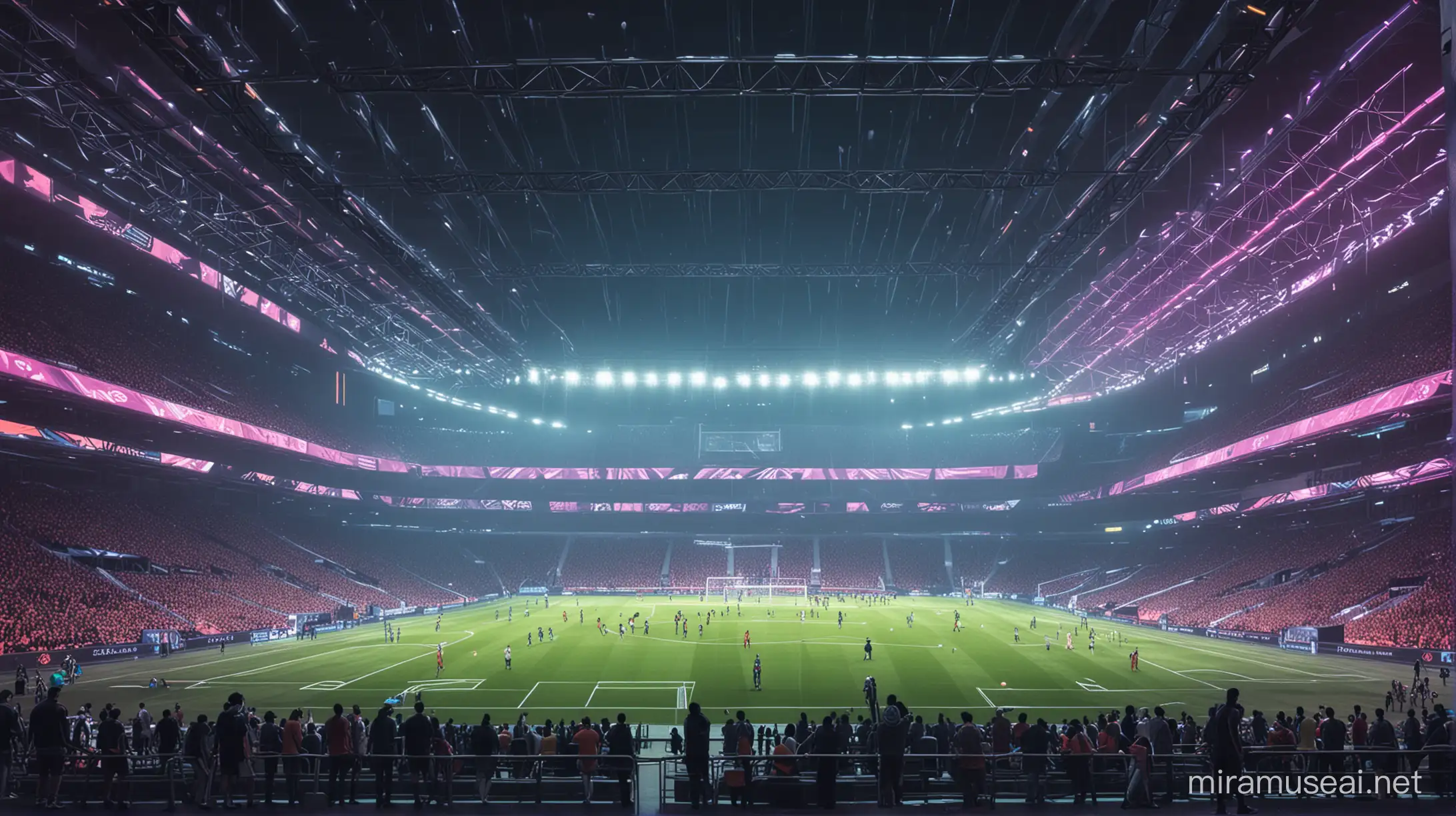 Futuristic Soccer Stadium with Neon Lights in a Cyberpunk Environment