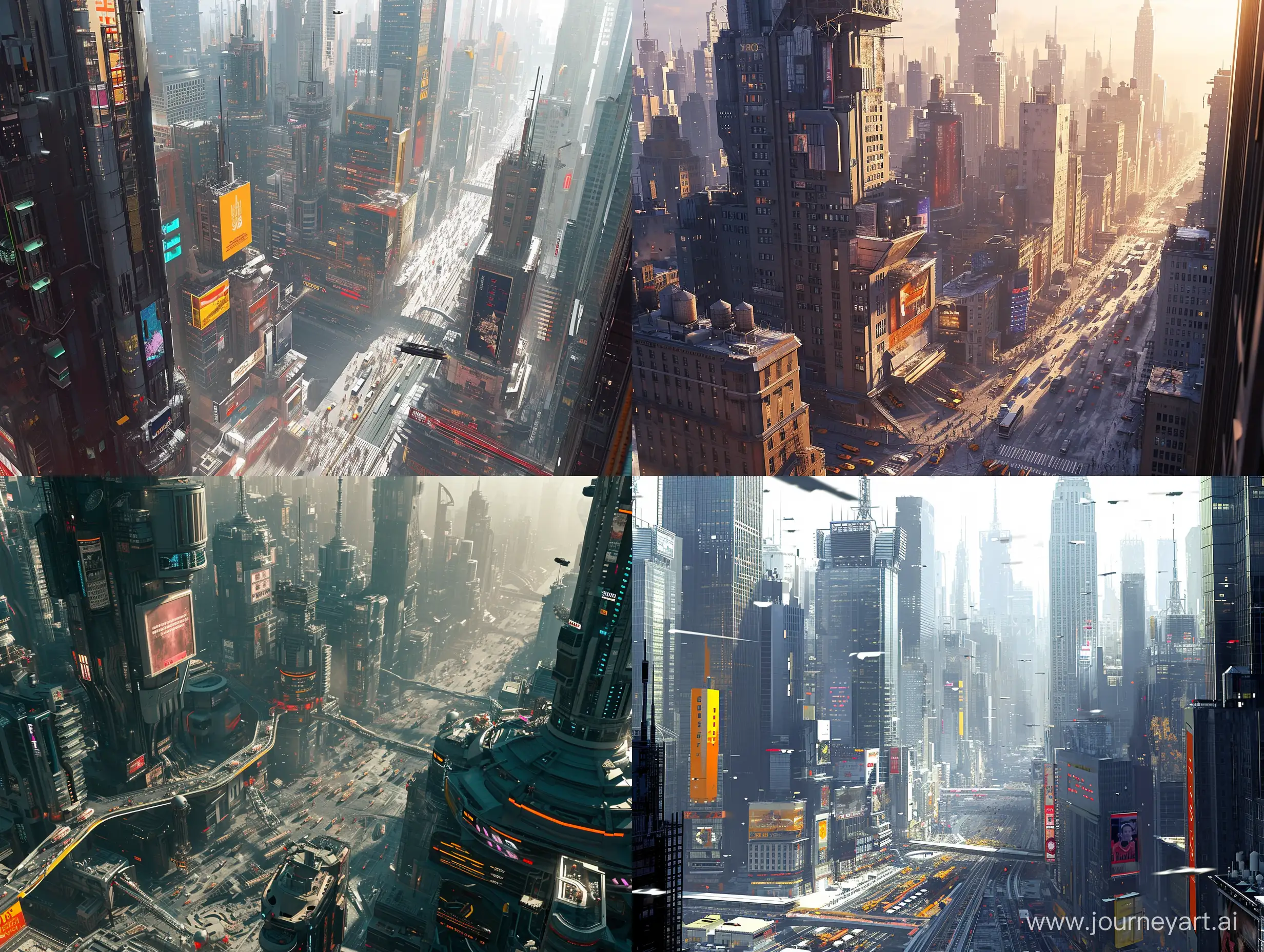 a Futuristic city scene, the detail on the image is insanely perfect, sci fi, modern, busy environment, naturalism, vibrant, transportation, cinematic, soft visuals to match the mood, modern architectures, dystopian, skyscrapers and buildings, residences, new york city, science fiction, movie still
