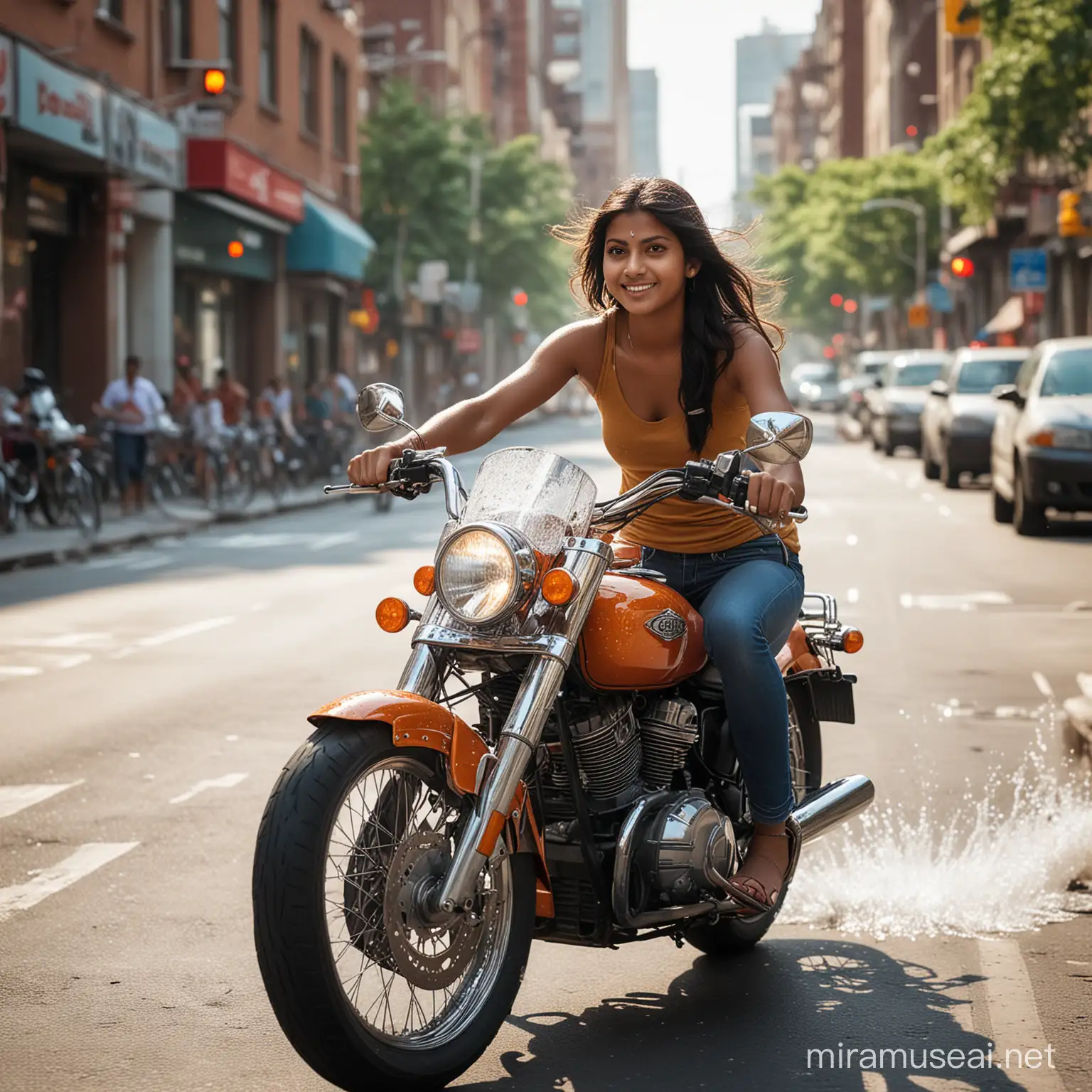Confident Indian Girl Riding IceCovered Motorcycle in Hot Cityscape