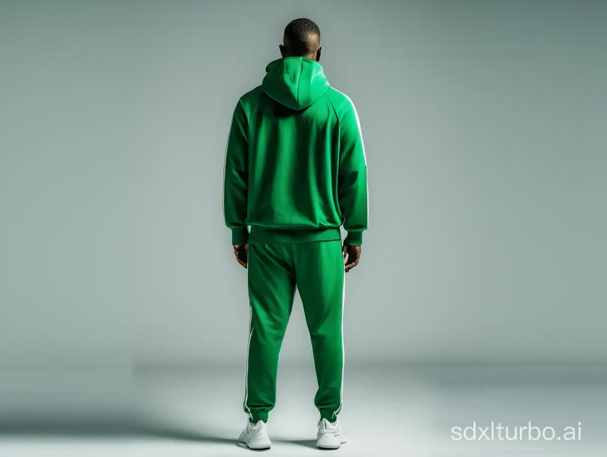 A man in a green tracksuit, from behind, full figure.