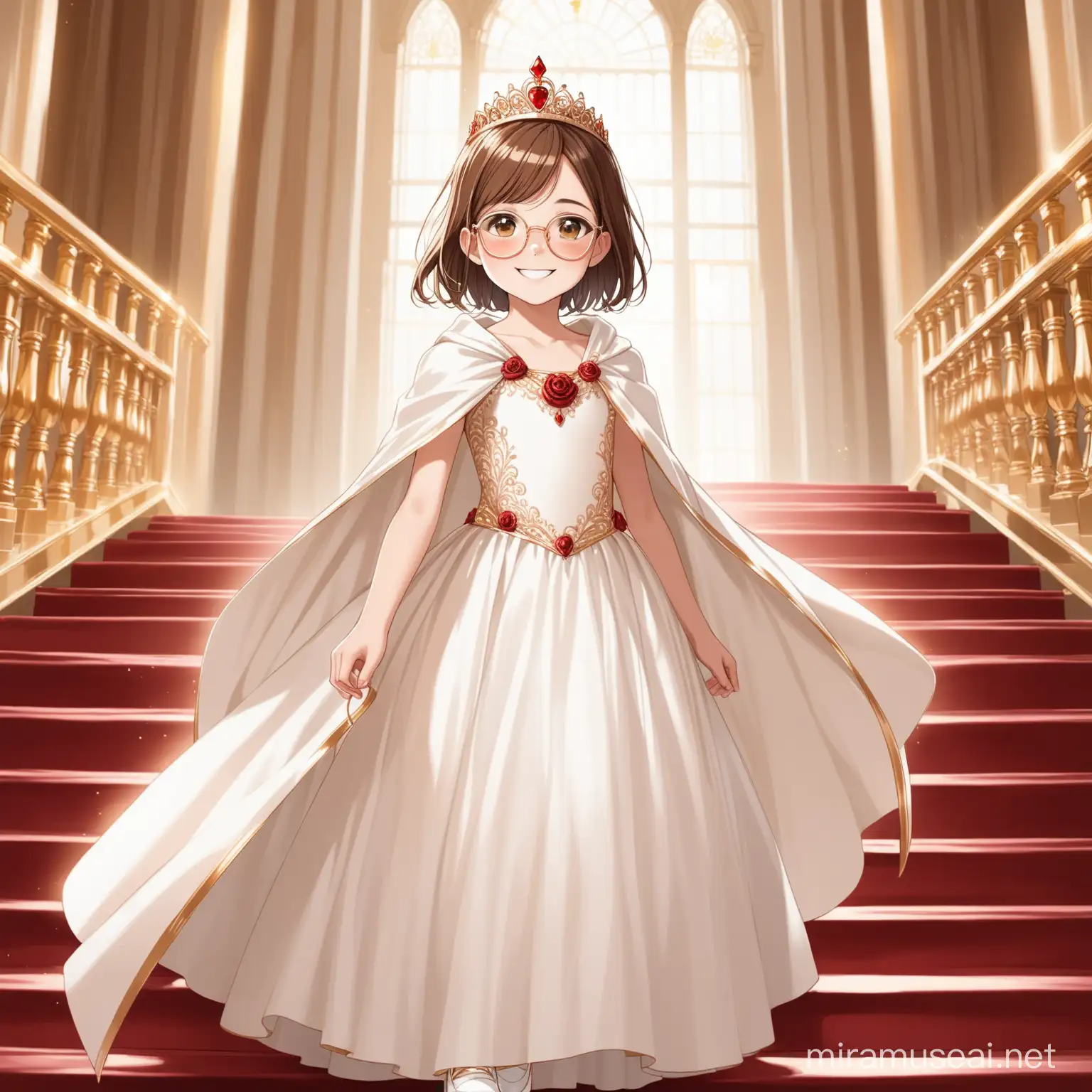 12 year old girl with short brown hair, brown eyes, rose gold glasses, smiling, wearing a long red and white ball gown, white shoes, gold tiara, wearing a white cape, walking down a grand staircase
