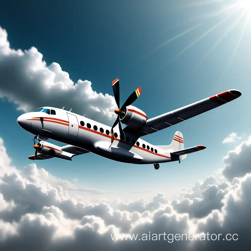 2D винтовой самолет летящий под наклоном вниз на фоне неба с облаками