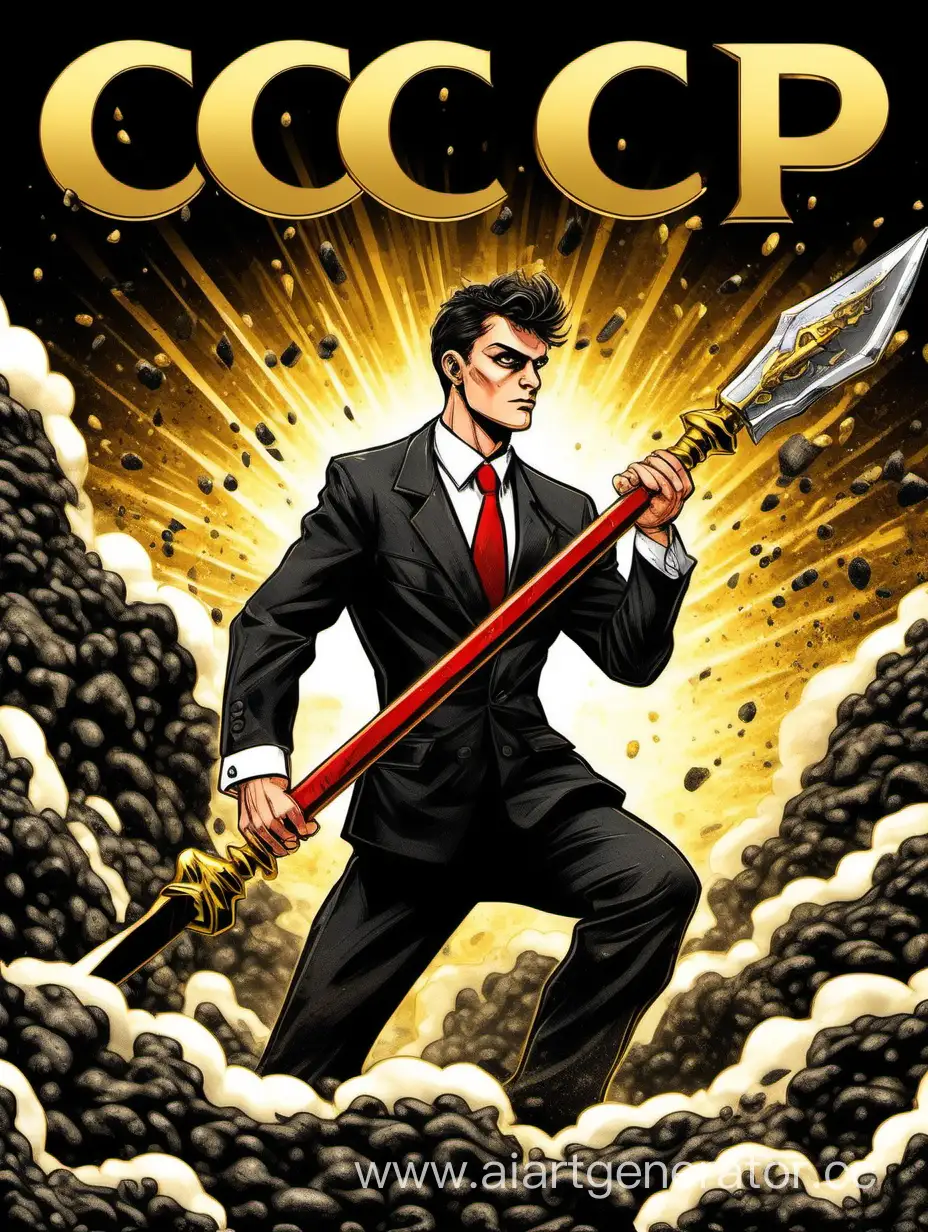 A pumped-up yong guy, European, in a classic suit, with a double-sided glaive in his hand, controls the black sand, a cloud of black sand, rotates the glaive, on the background of gold bars, with the inscription "CCCP".