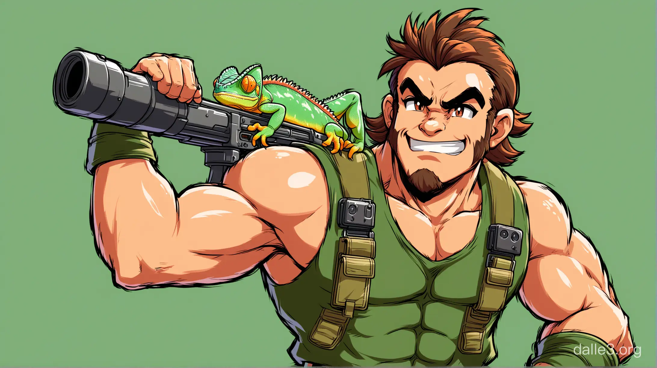 chameleon Rambo who is the main character of the new contra game, Disney cartoon style,  transparent bg