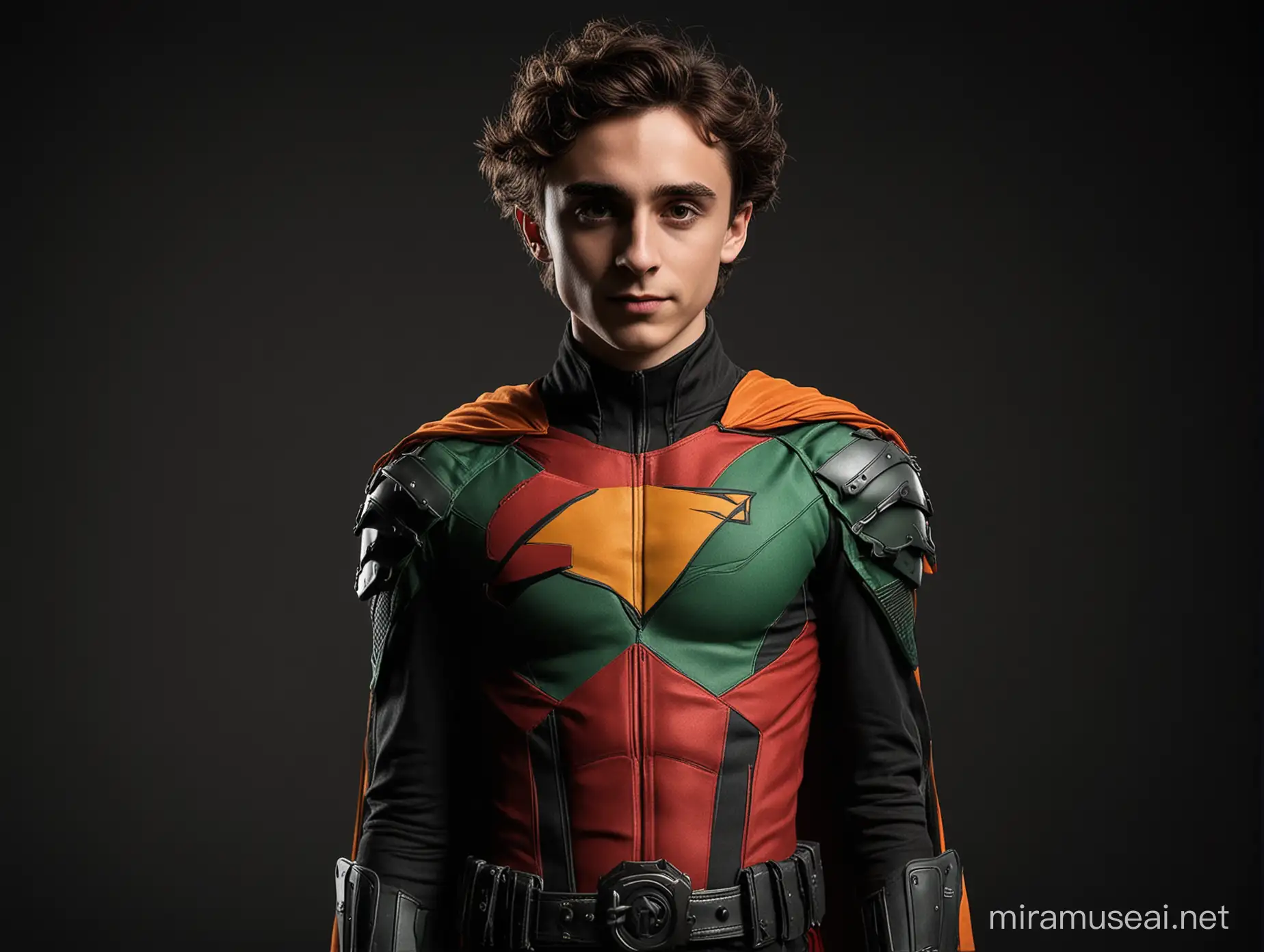 Timothe Chalamet Cosplaying as Teen Titans Robin in Dramatic Lighting