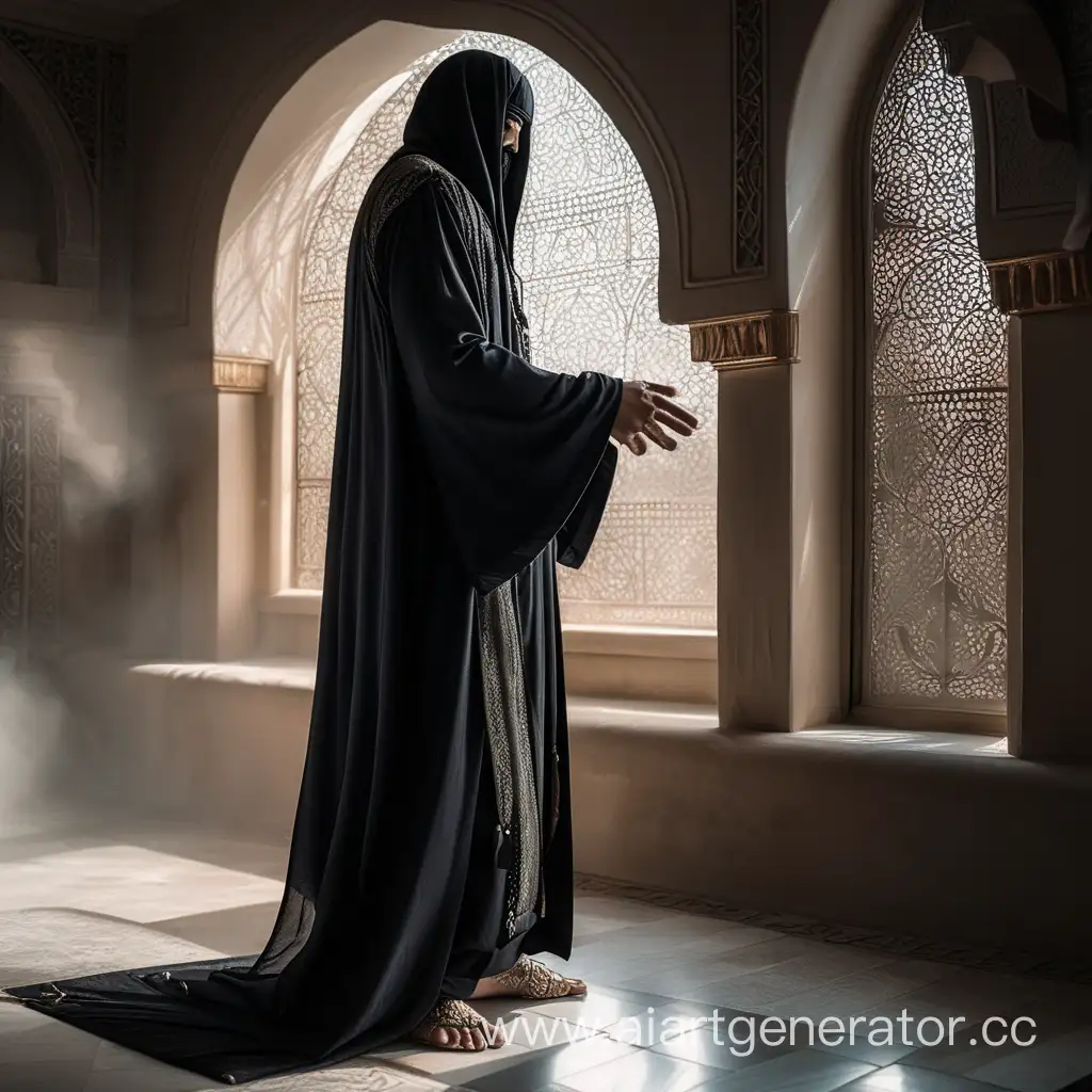 домашняя одежда злодея короля мужчины араба черный халат рукава по локоть, шаровары. Ткань прозрачная. Образ в профиль

