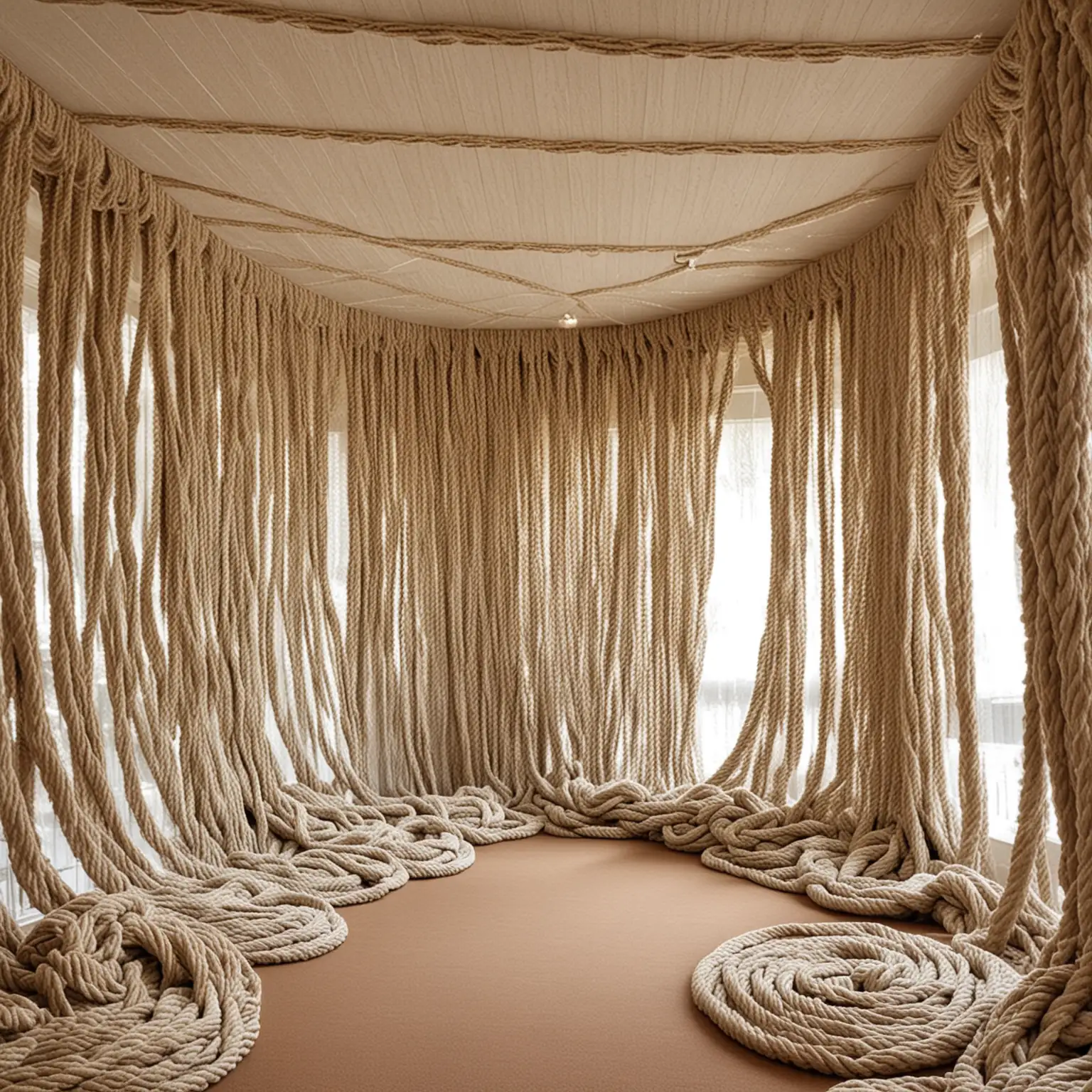 请帮我制作一个小房间 房间间的顶部全部都是编织的绳线和布料很长很密 很长垂落下来的样子