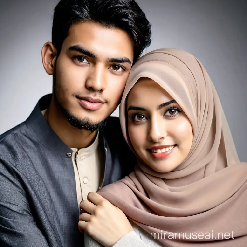 Young Muslim Couple Portrait Hijabwearing Man and Woman