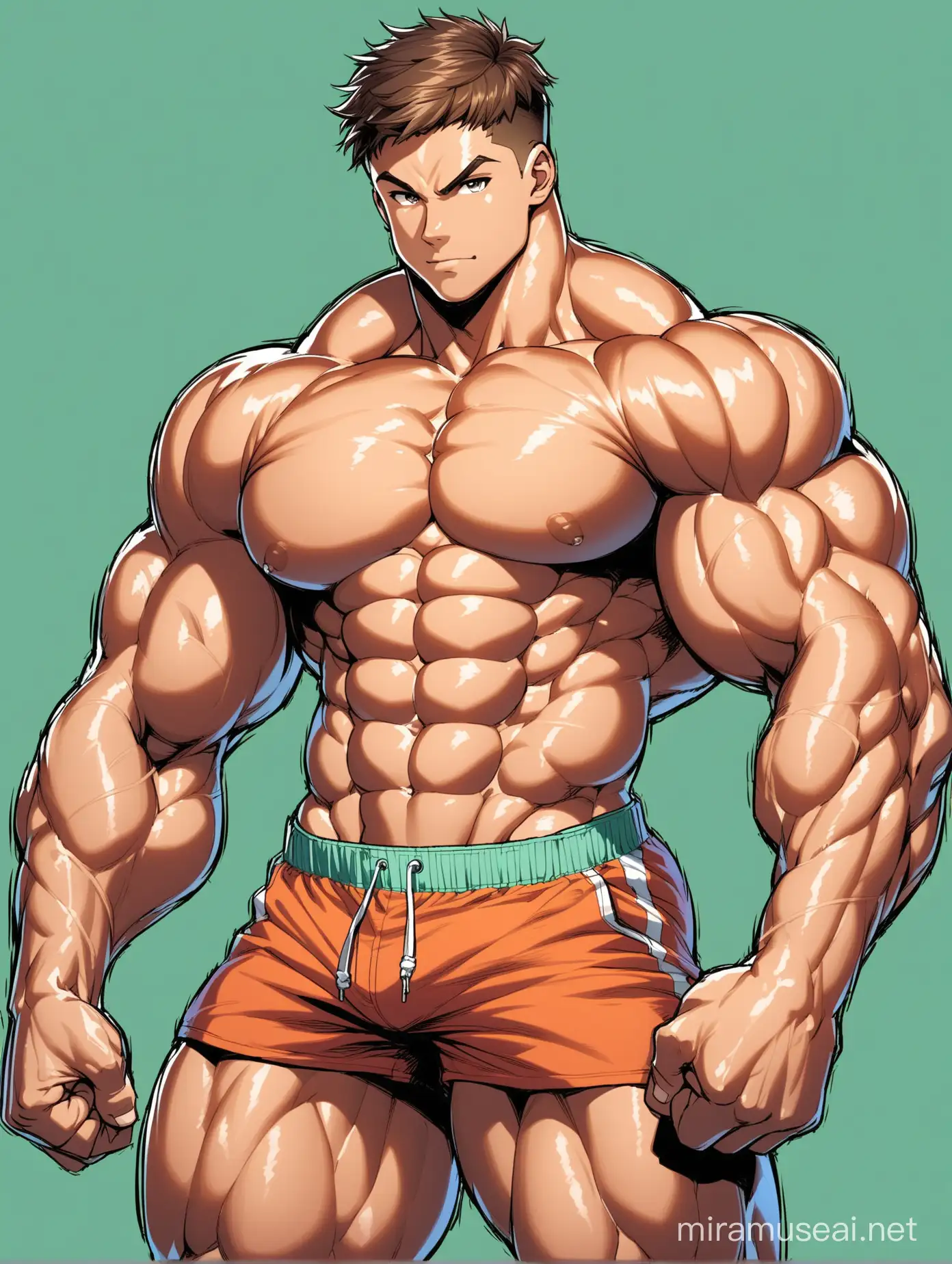 Full color drawing of an extremely muscular teenage male flexing his muscles, showing off his huge muscles, with very a beautiful, delicate face, wide shoulders, huge biceps, hard six-pack abs, and very strong and powerful legs, wearing shorts or trunks