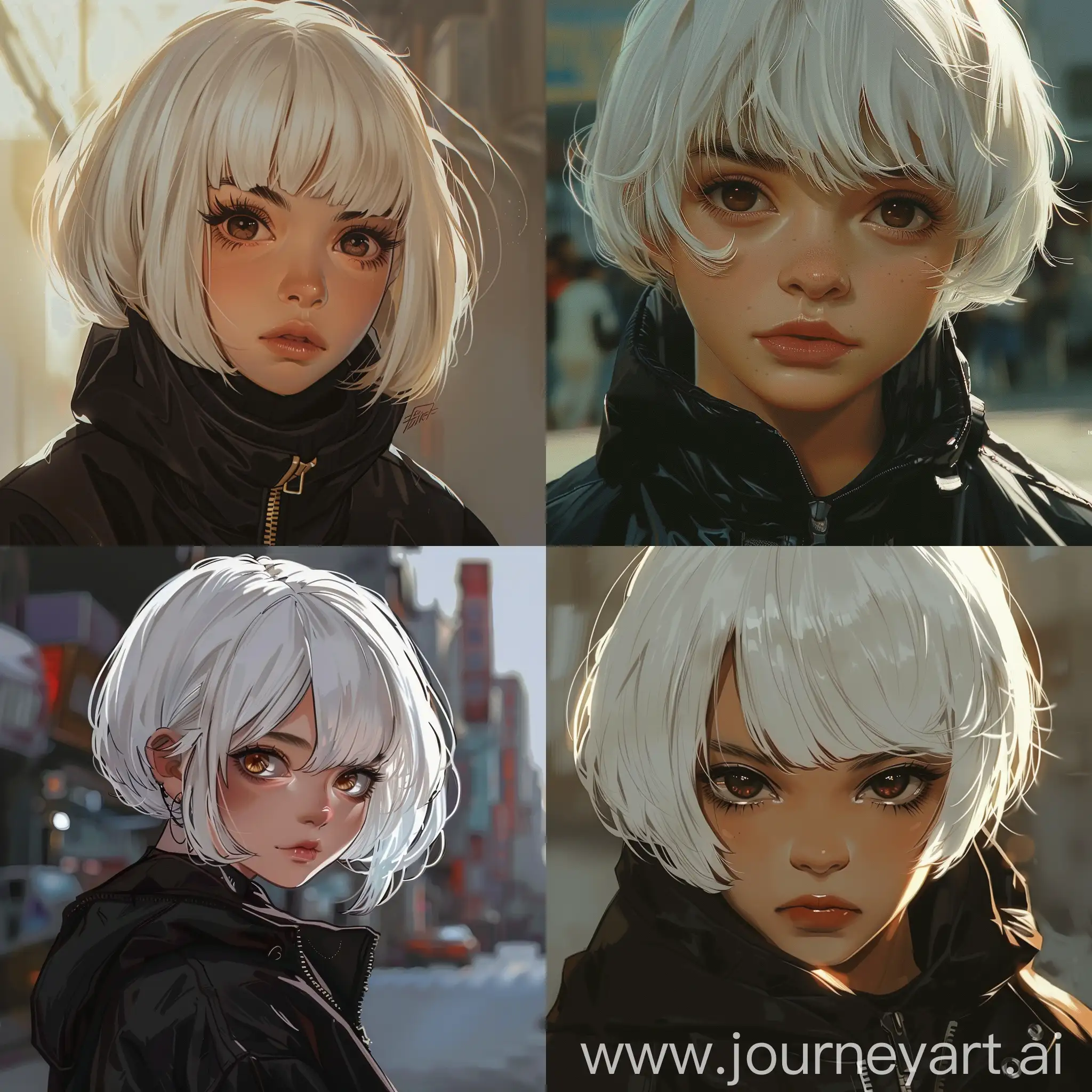 Stylish-Anime-Woman-with-Short-White-Hair-in-Retro-Street-Setting