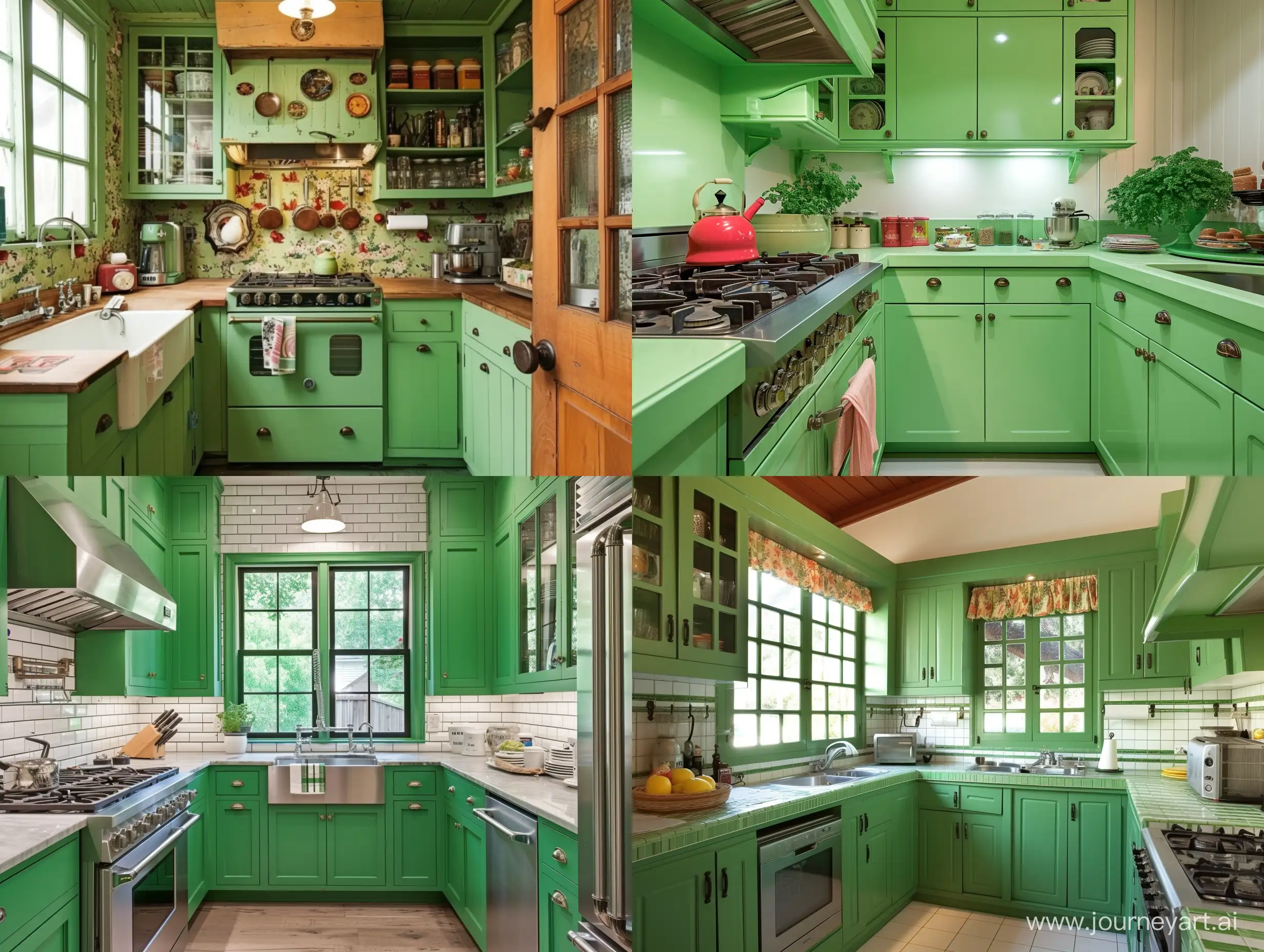 Vintage green kitchen. Green kitchen interior. Green color kitchen. Green color theme kitchen.
