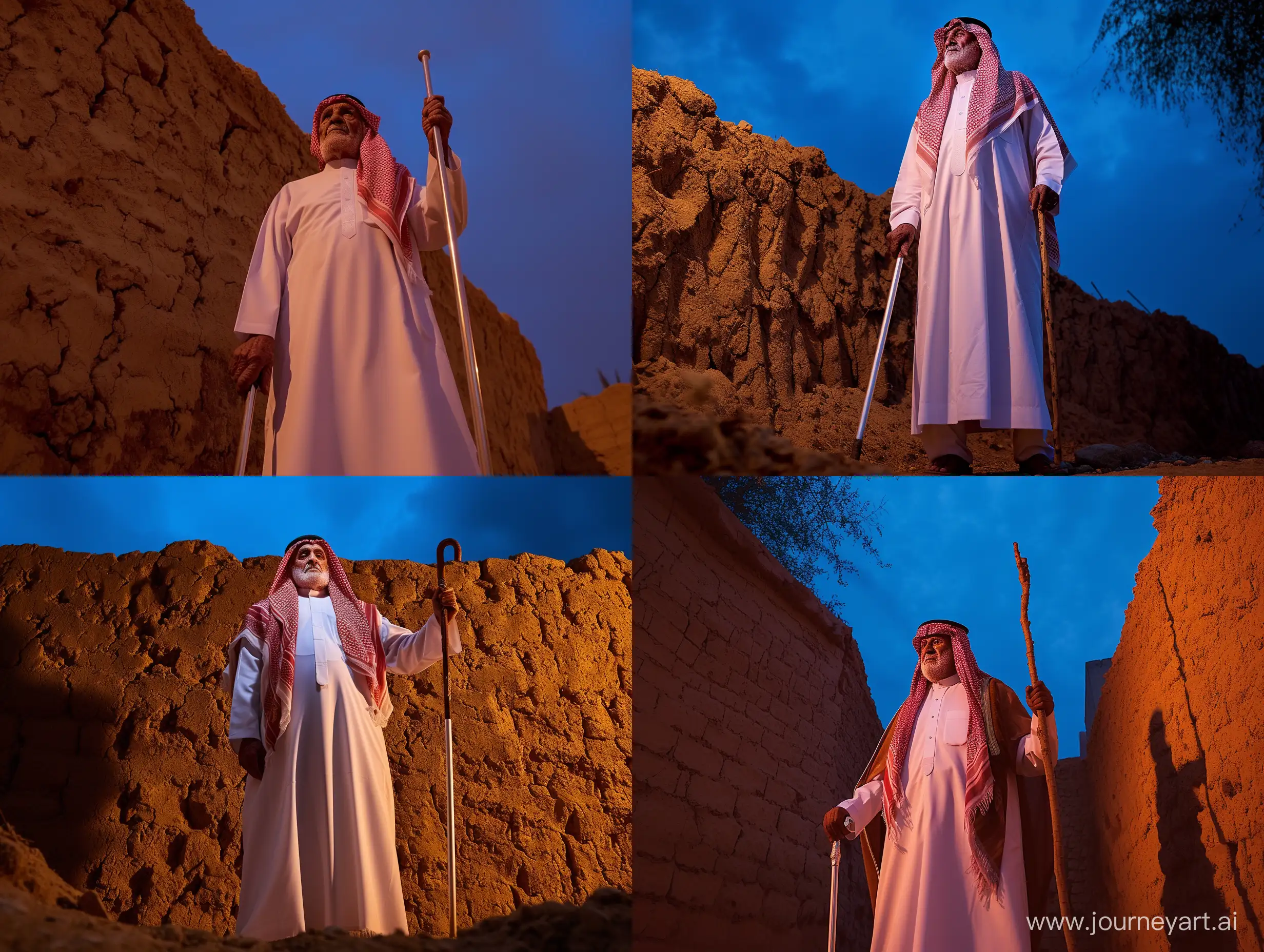 An opening photo of an old Saudi prince wearing the traditional white Saudi dress and a red shemagh, standing in front of a mud wall holding his cane at night time and dim lighting, cinematic and dramatic style with brown tones, and he appears confident, the camera is at a low angle pointing upwards, the sky is blue, and a full-body shot, Landscape, shot by‎‏ Sony PXW-FS5 XDCAM Super 35,
