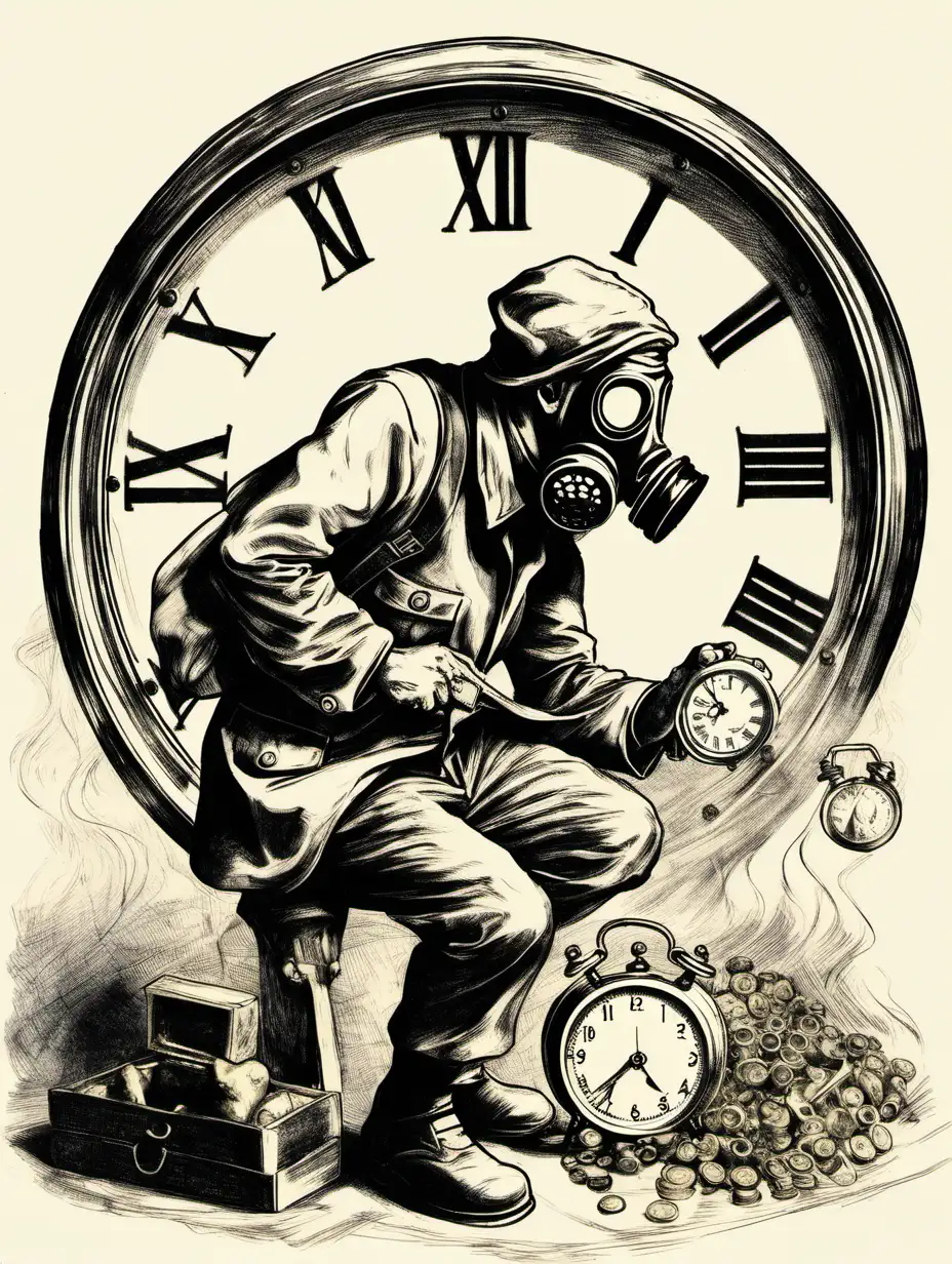 Man with gas mask opening treasure holding a clock sketch