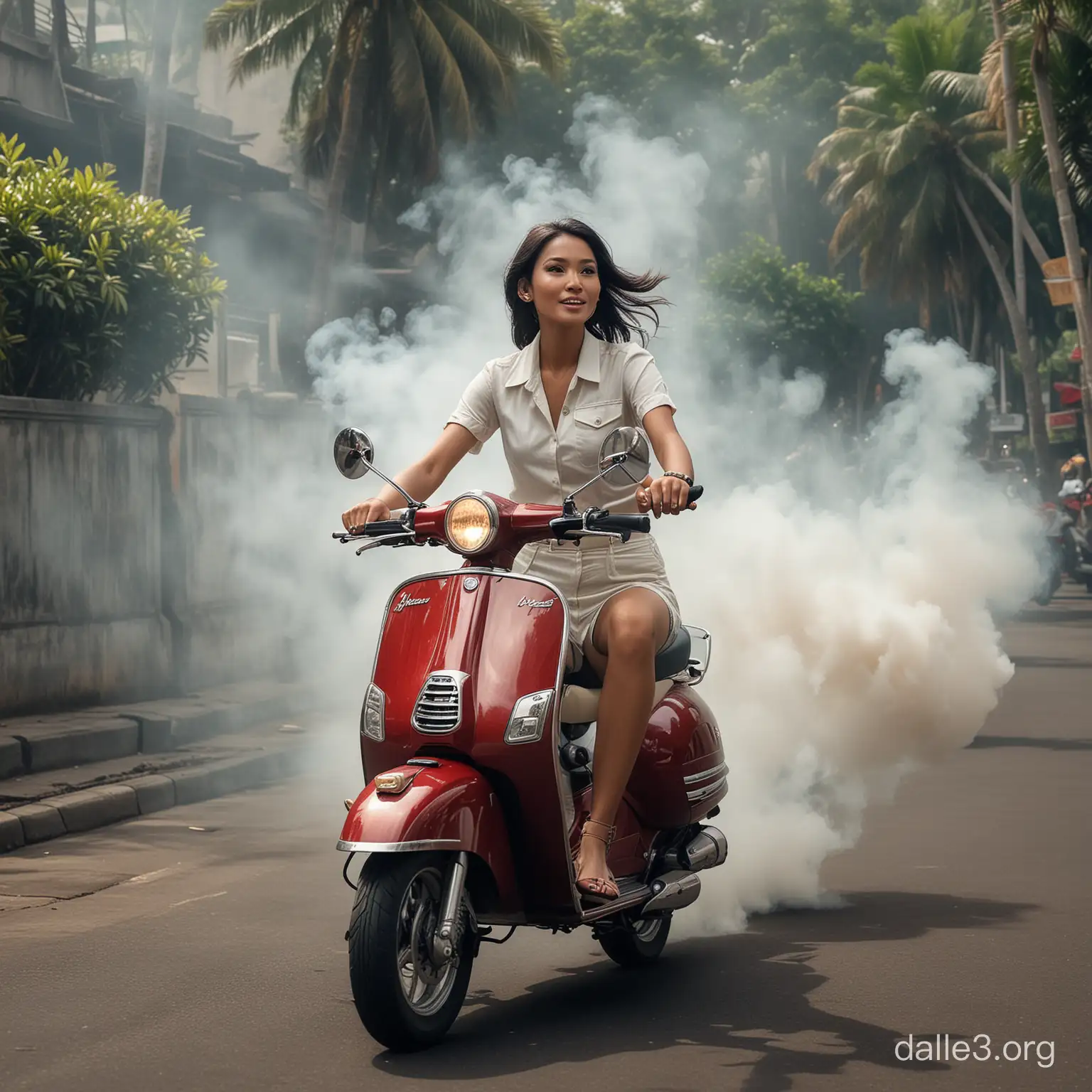 hyper realistic Karikatur poto nyata seorang wanita cantik indonesia 30 tahun naik vespa ngebut extrem keluar banyak asap.  latar belakang kuta bali