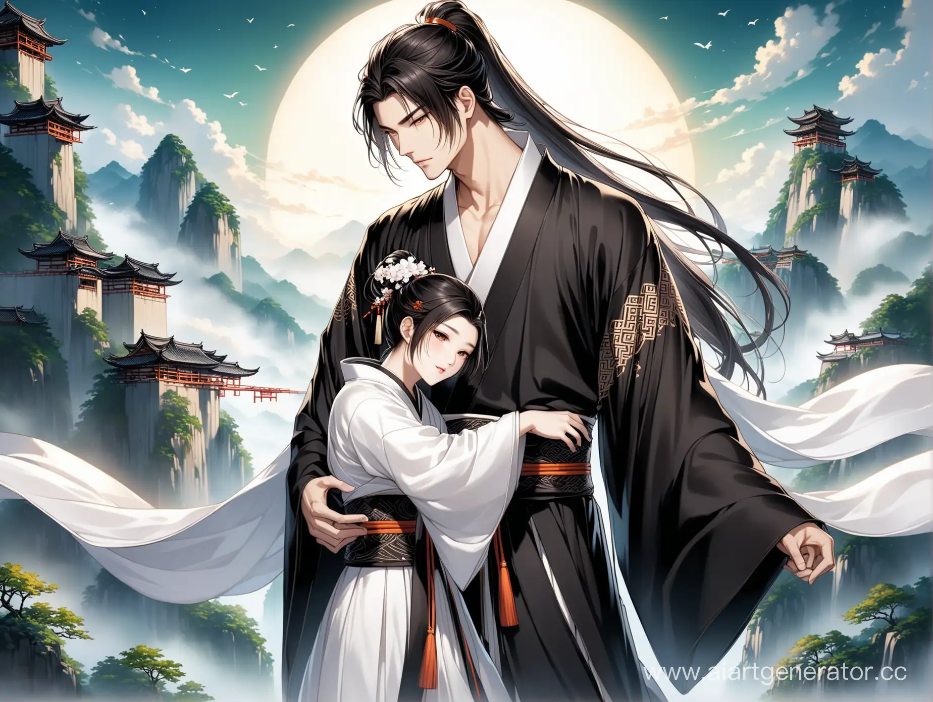 (Two graceful mens), in white and black hanfu, a noble appearance, long beautiful eyes, one man's hair is tied up high in a noble ponytail, cascading down his back, while the other's long dark hair flows freely around his shoulders. The intricately designed white and black hanfu, with their bright colors and bold patterns, are a testament to the exquisite craftsmanship of the xianxia world. The high definition, ultra-realistic depiction of the scene transports you into this mystical realm, with the best quality, hyper-detailed images
