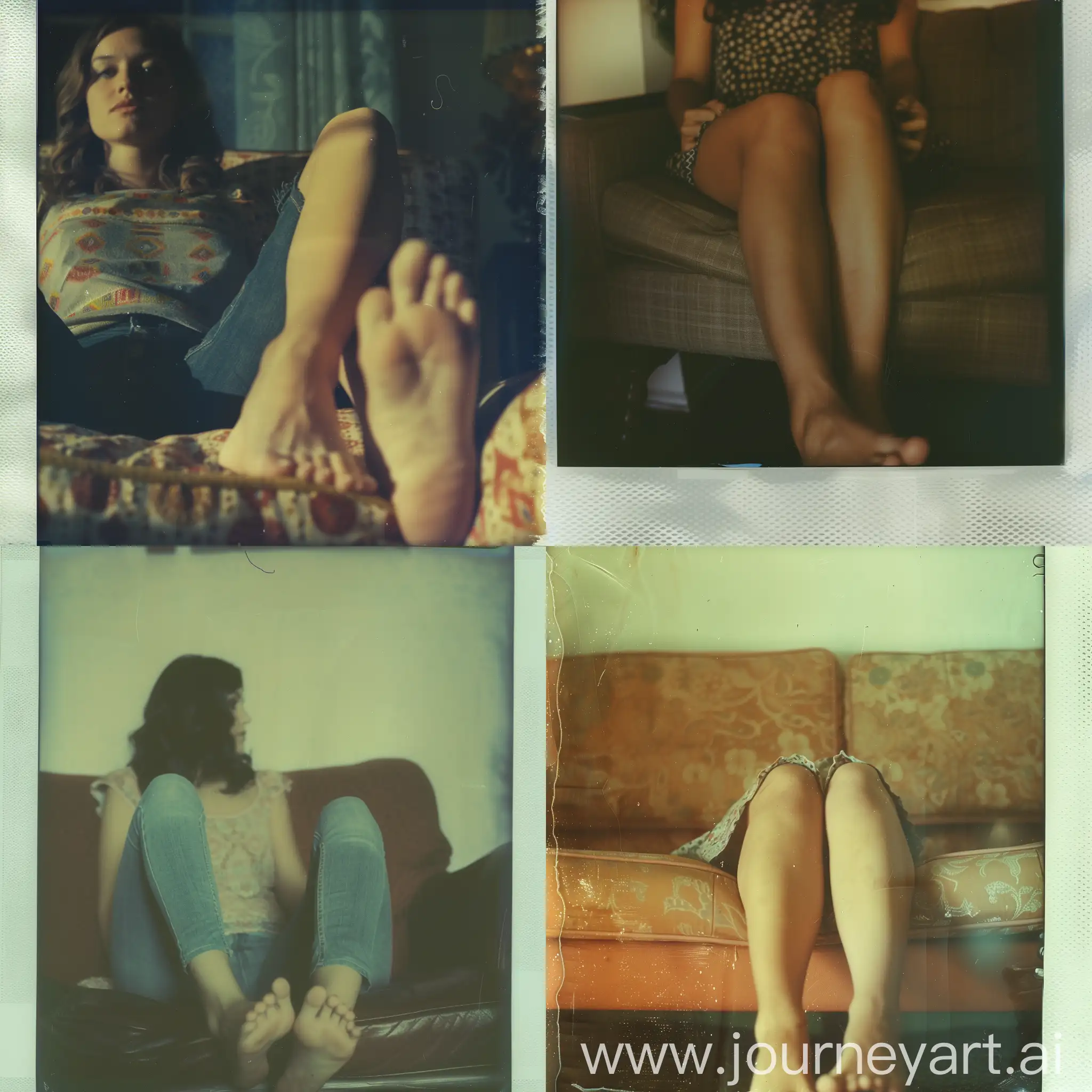 Girl sitting on a sofa, with her feet showing, Polaroid 