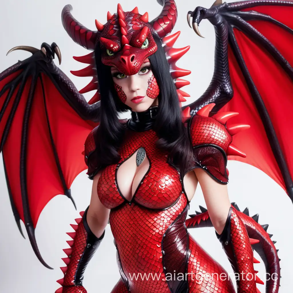 Латексная девушка фурри дракон покрытая чешуей с красной латексной кожей с мордой дракона вместо лица. С большими крыльями