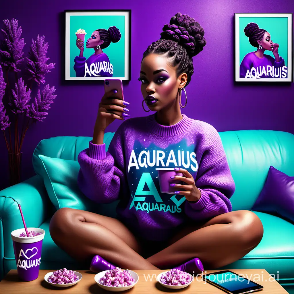 Create a hyper realistic illustration of an African American full figure American woman in a purple and pink sweater with the word Aquarius, with neat braided bun, long  purple nails, eating purple popcorn, sitting on a sofa with turquoise and purple  aesthetics, with a purple Betty boop tumbler on a table, scrolling her IPhone,and other accessories, she is in her a contemporary living room with turquoise and purple decoration, add beautiful flowers in the background