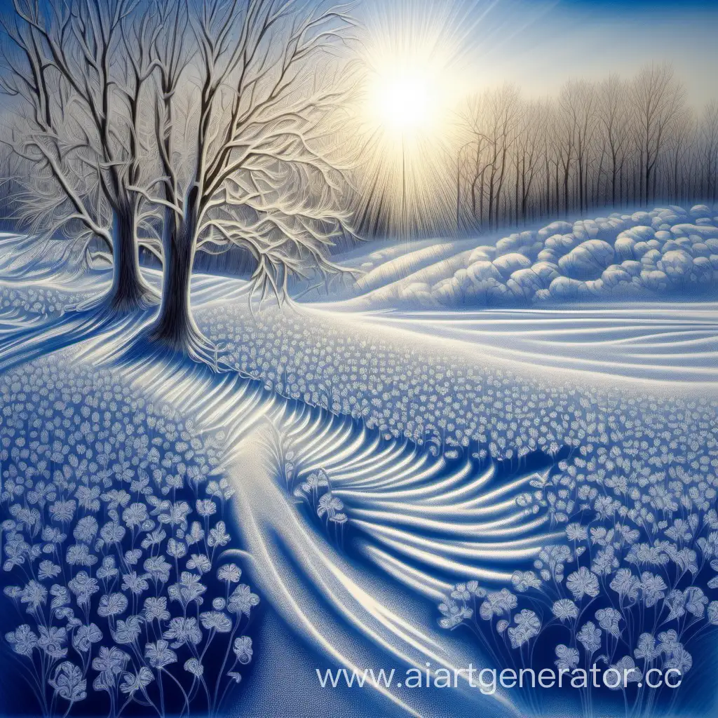 Winter-Landscape-with-Radiant-Blue-Flowers-and-Frost-Patterns