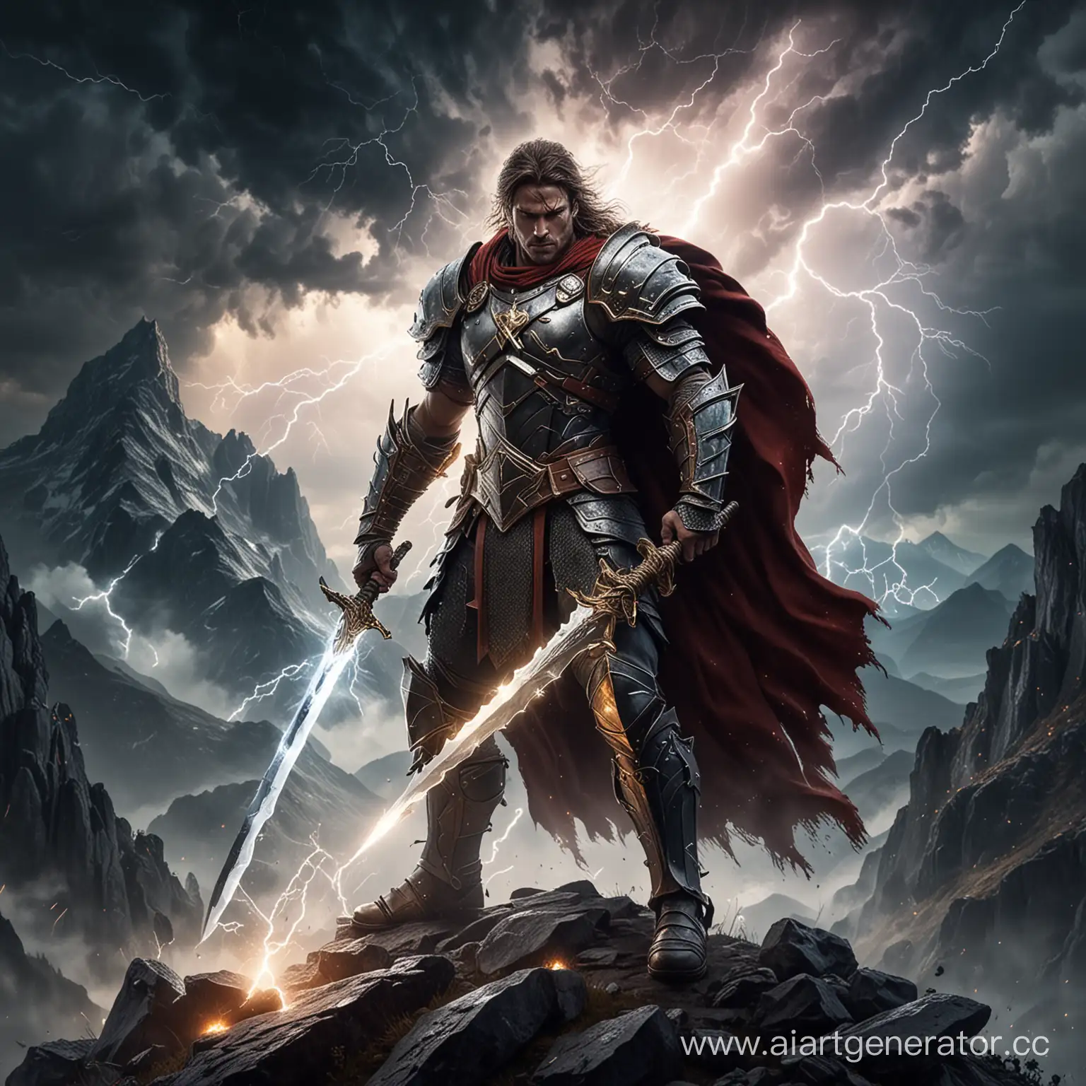 Воин в броне обьятый силой молнии с огромным мечем на вершине горы на фоне молний 