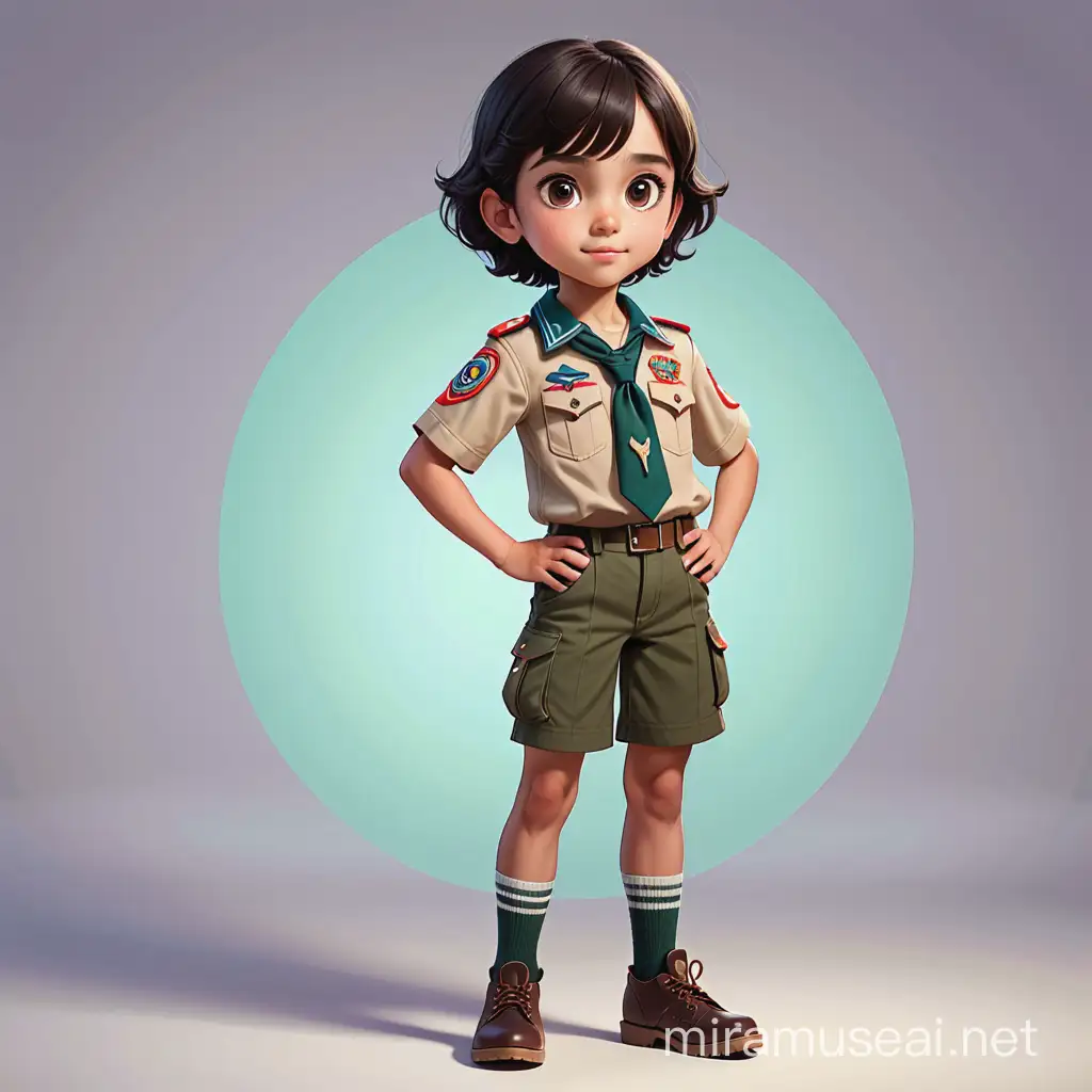 a male kid have 11 years old , have a dark brown hair , big dark black eyes, round face , light skin , scout uniform, show the full body of her. cartoon type .
