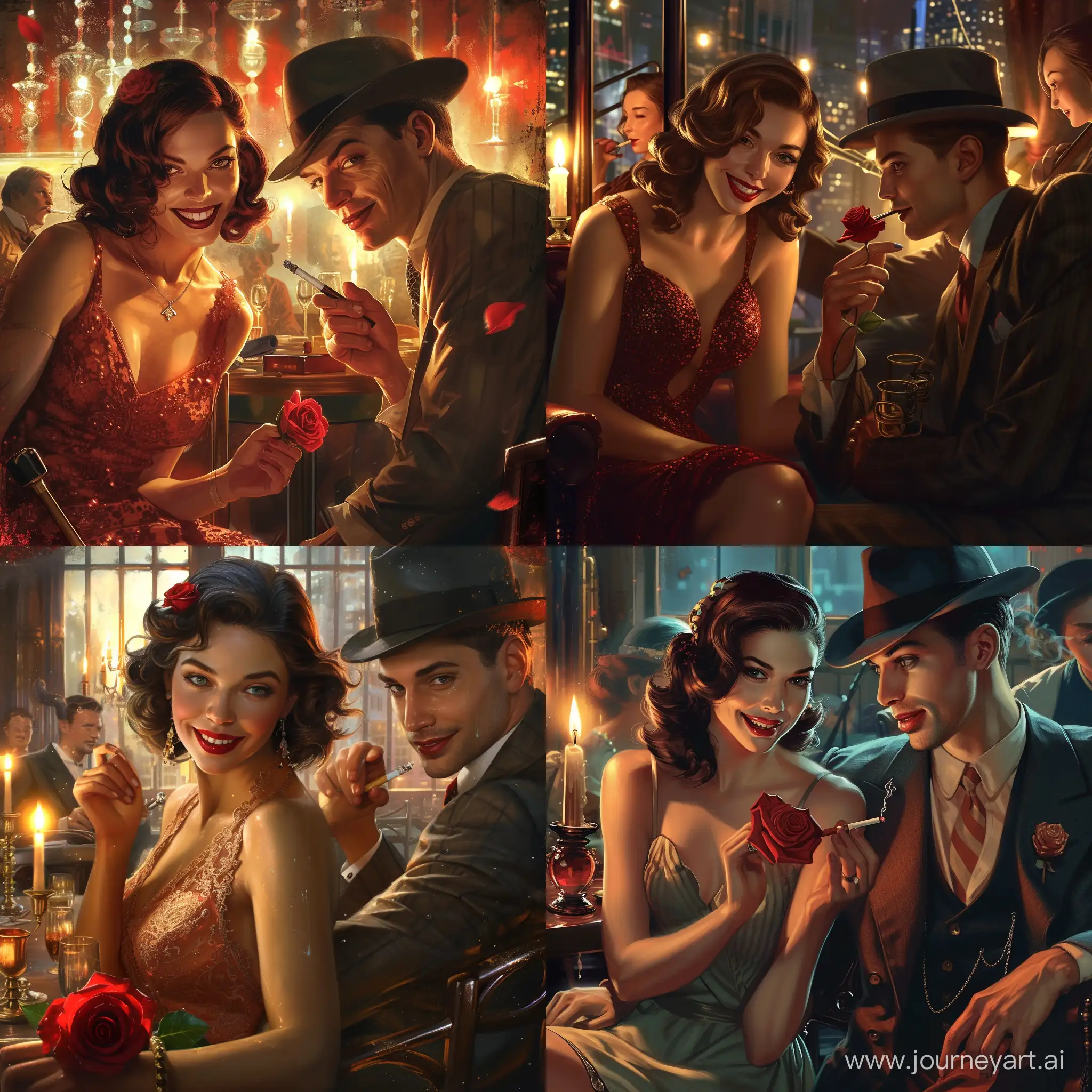 Against the background of a 1920s jazz band, in the dazzling light of a New York restaurant, two beautiful women are sitting: a woman in a dress of that era, with a smile on her lips, holding a red rose, her gaze full of lively interest Next to her is a fiery man in a classic suit and hat, looking at her with a mysterious the expression on his face, holding a cigarette holder, reflects the candlelight and the sounds of jazz music in his eyes. Their common image is filled with romance and mystery, for example, a page from a photo that captures the moment of the great sensual rhythm of the city - version 6.0