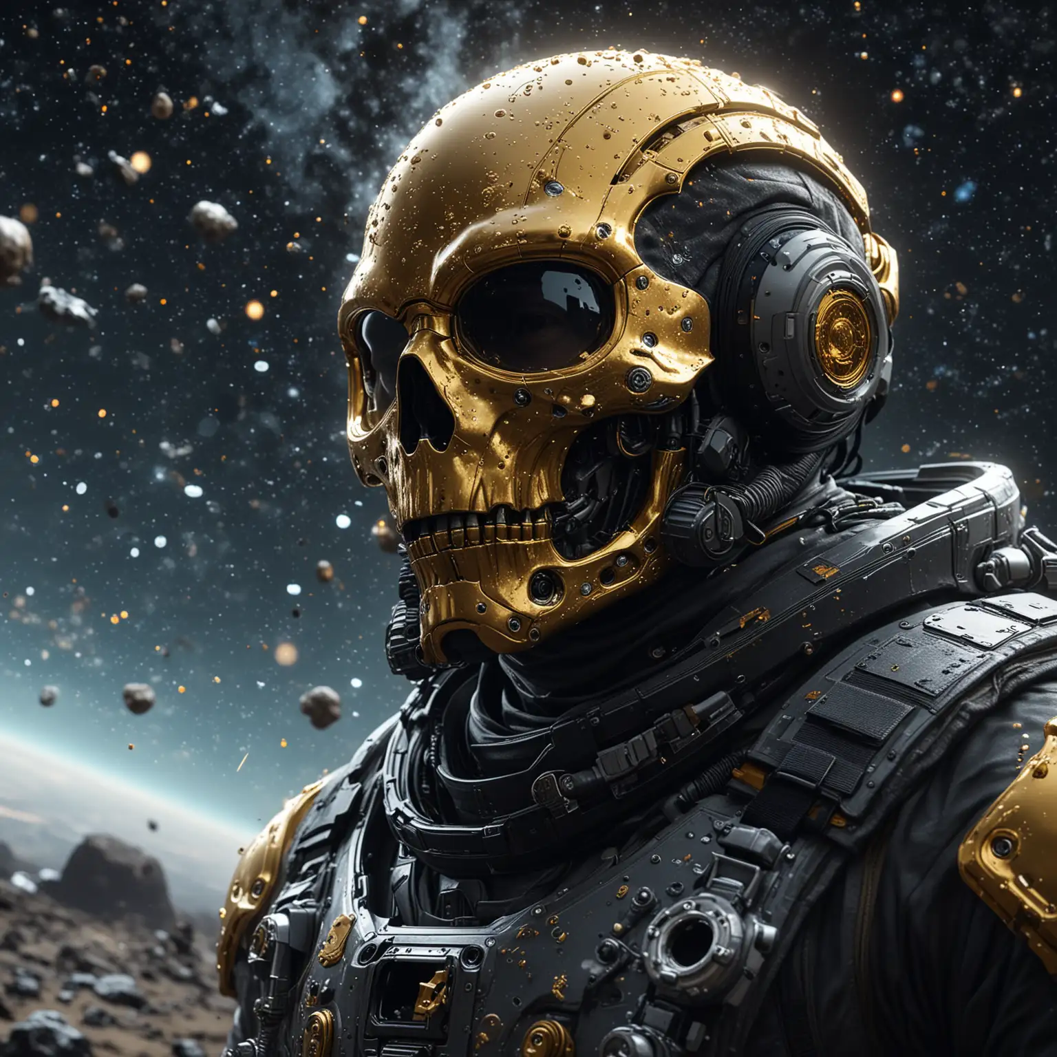 astronaut with a ludens death stranding space suit with a golden skull mask inside his helmet, floating in the void space through a galaxy of a million stars, the bubbles surrounding him contain fragments of knowledge and secrets of the universe,  reating an image that evokes amazement and admiration at the immensity of the cosmos, octane render, unreal engine 5, nvidia omniverse, realistic, photorealism, intricate, highly detailed, high definition, uhd, hdr, in the style of hidejo kojima. The shot is taken with an 18 mm wide-angle camera, nikon Z9 full-frame mirrorless camera photography, fisheye lens panoramic, chromatic aberration, film grain.