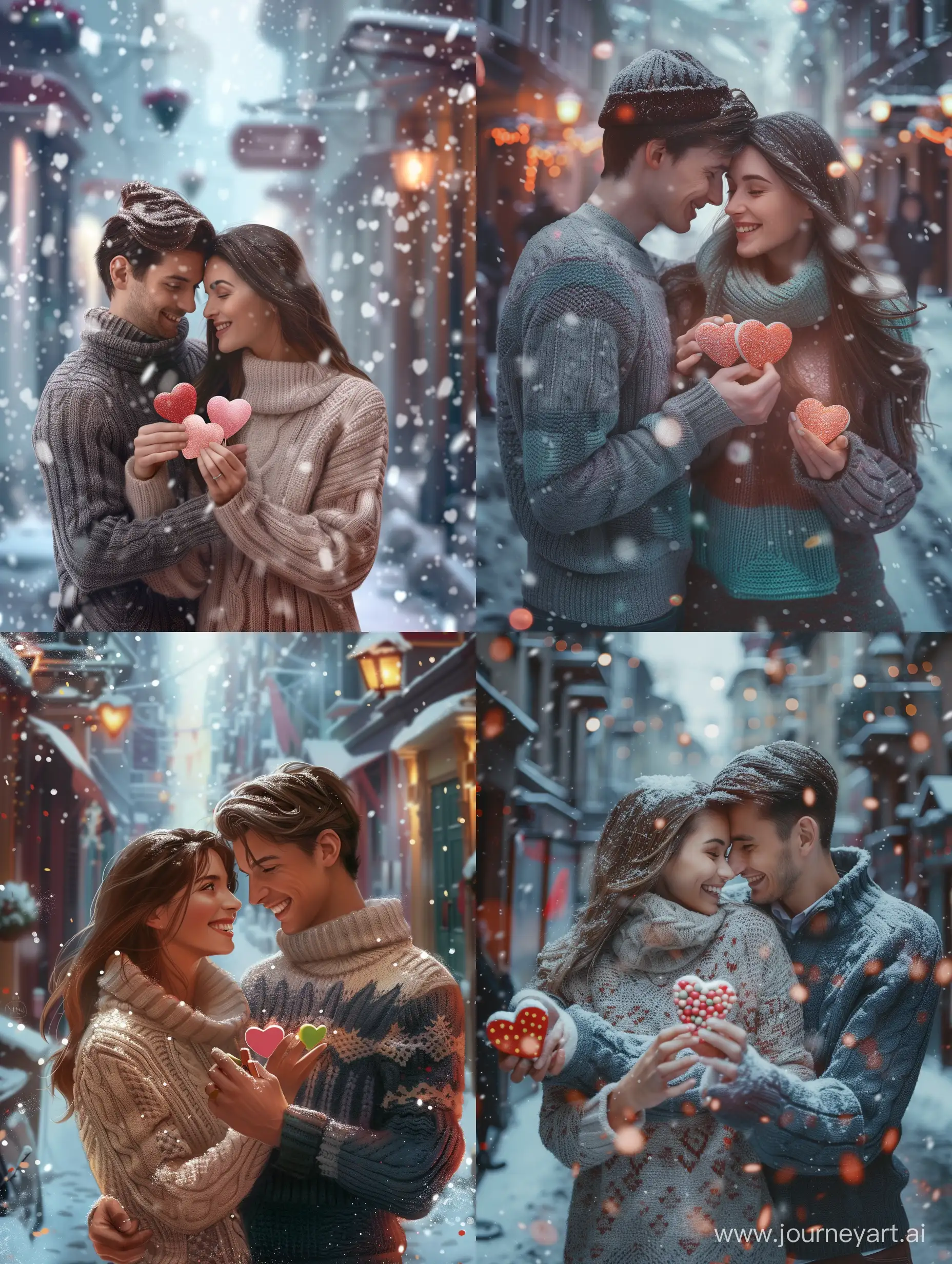 Romantic-Couple-Embracing-with-HeartShaped-Candies-in-Snowy-Street