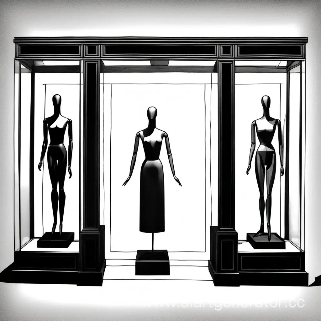 Elegant-Black-and-White-Showcase-Featuring-Dark-Wood-Mannequins