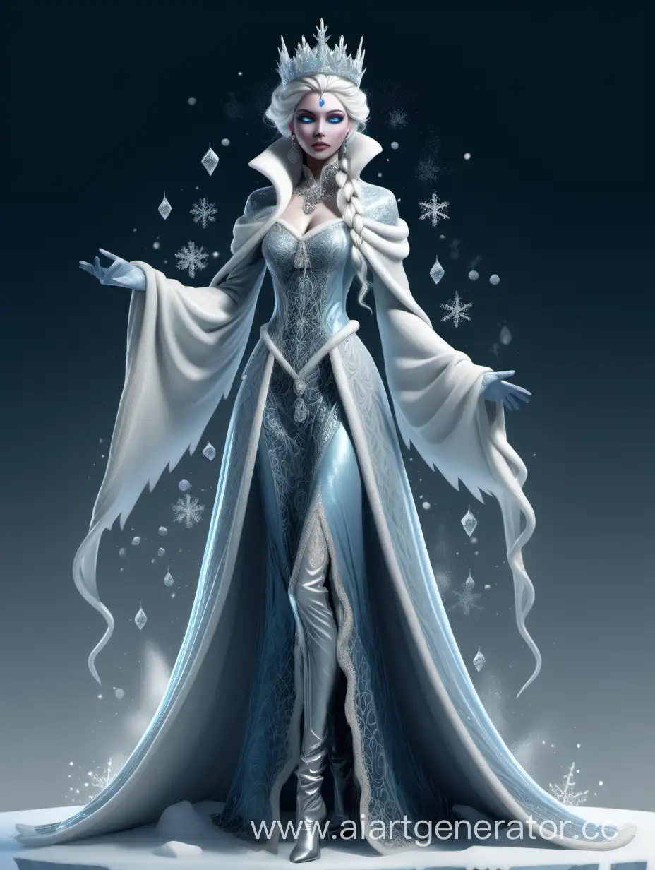 Концепт арт холодной и хрупкой снежной королевы в полный рост в крутой динамичной позе. Она одета в богатую и тёплую одежду с кружевами и дорогими блестящими украшениями. От неё веет холодом. Она обладает магией льда и снега
