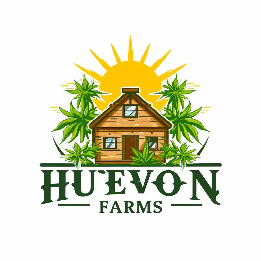 a logo design,with the text "Huevon Farms", main symbol:Farm house with cannabis plants around it,Moderate,clear background