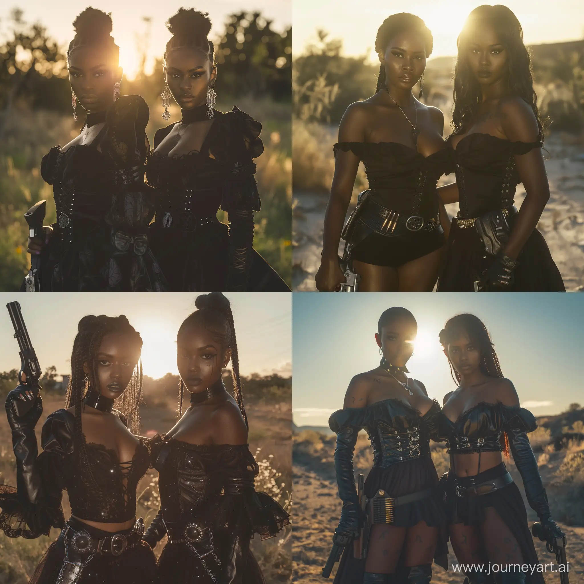 create two beautiful hyper realistic black cowgirls, wearing dark cowgirl dresses and guns in a holster because they have authority, captured with the sun behind them