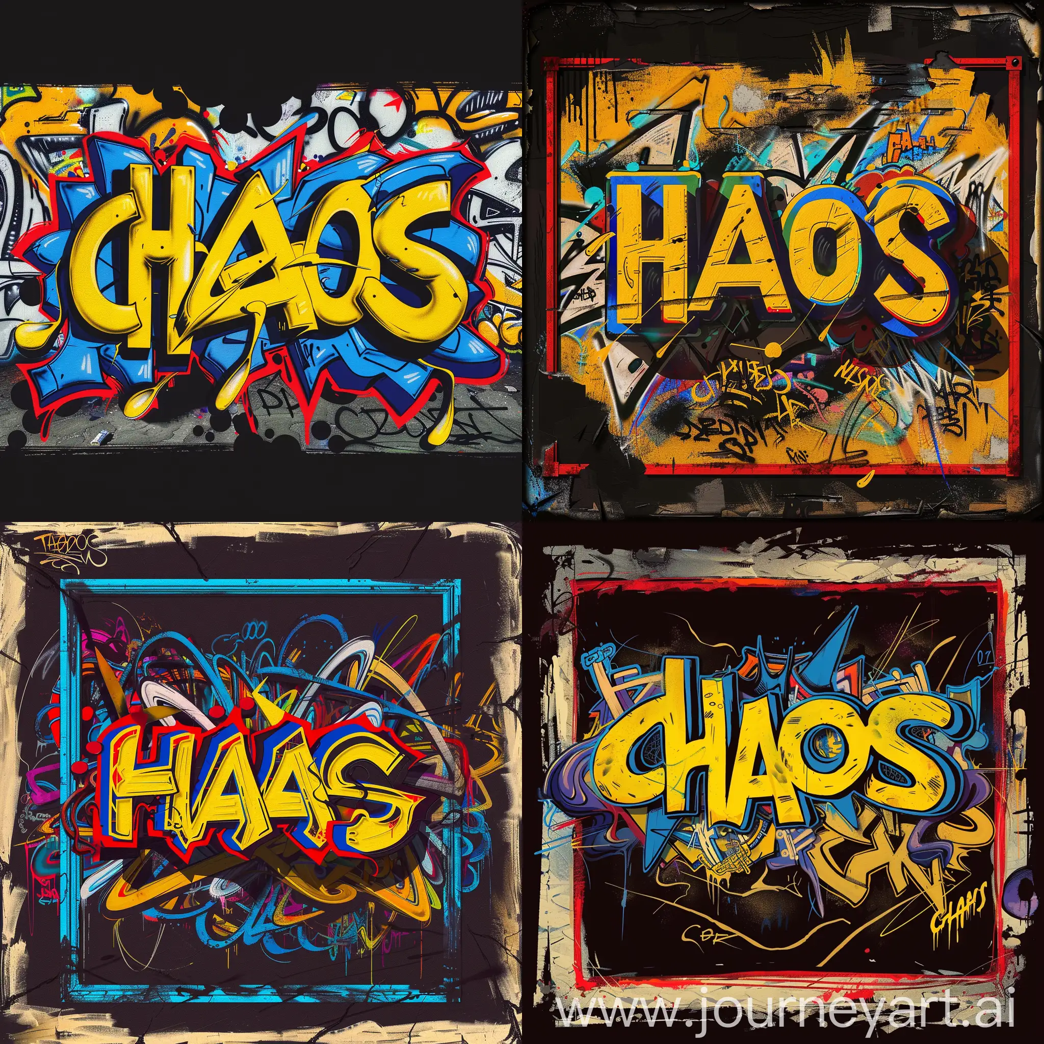 'CHAOS' text in graffiti style with abstract graffiti around it, yellow text with blue red border, shadow, black background, digital art, HD