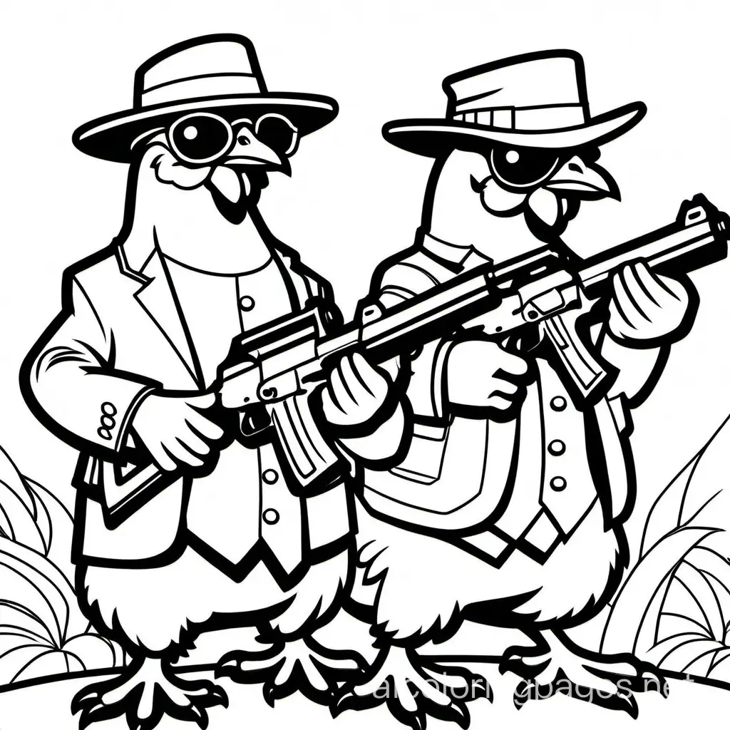 gangster chickens holding semi automatic guns, Coloring Page, black and white, line art, white background, Simplicity, Ample White Space. The background of the coloring page is plain white to make it easy for young children to color within the lines. The outlines of all the subjects are easy to distinguish, making it simple for kids to color without too much difficulty